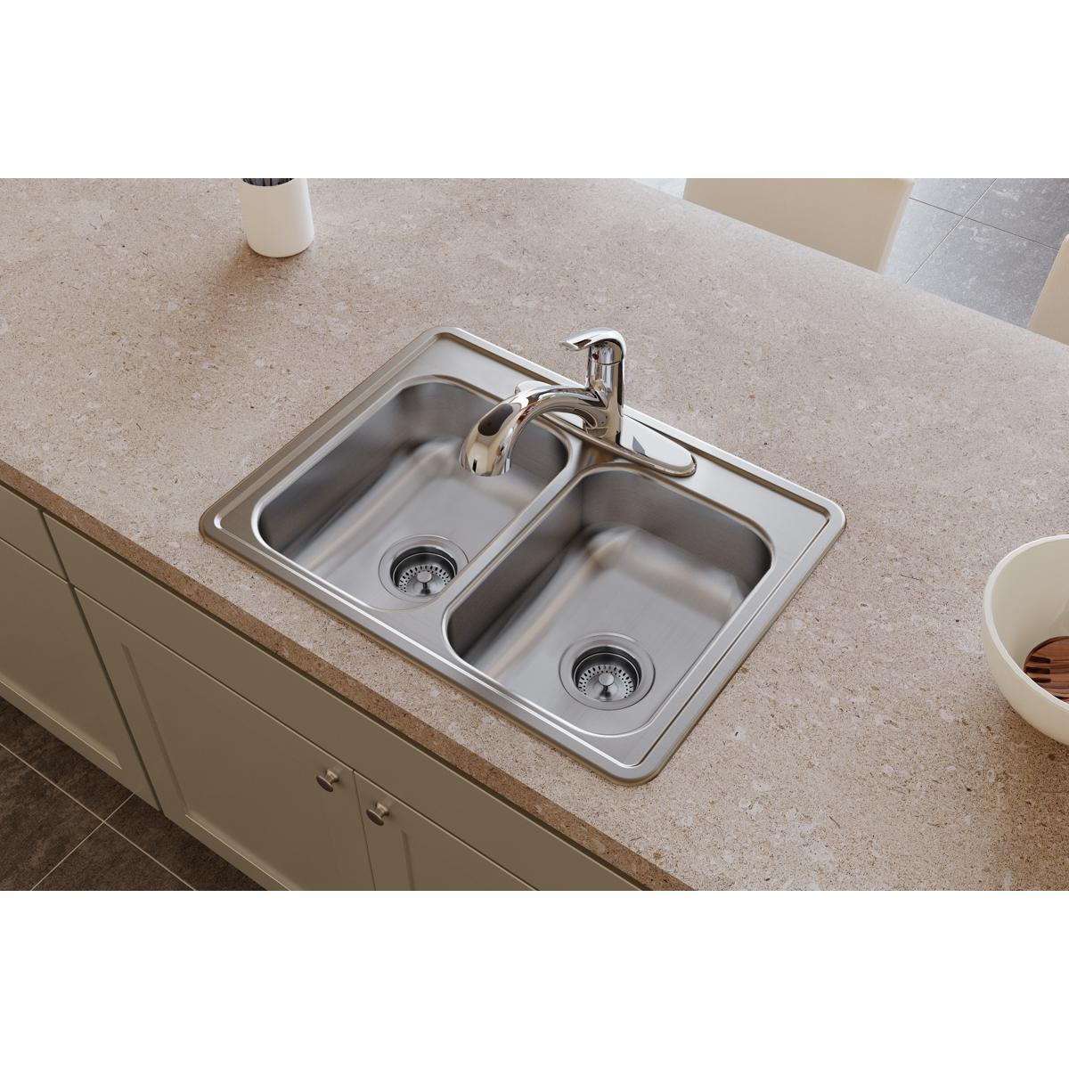 Dayton Stainless Steel D225191 25" x 19" x 6-5/16", Equal Double Bowl Top Mount Sink