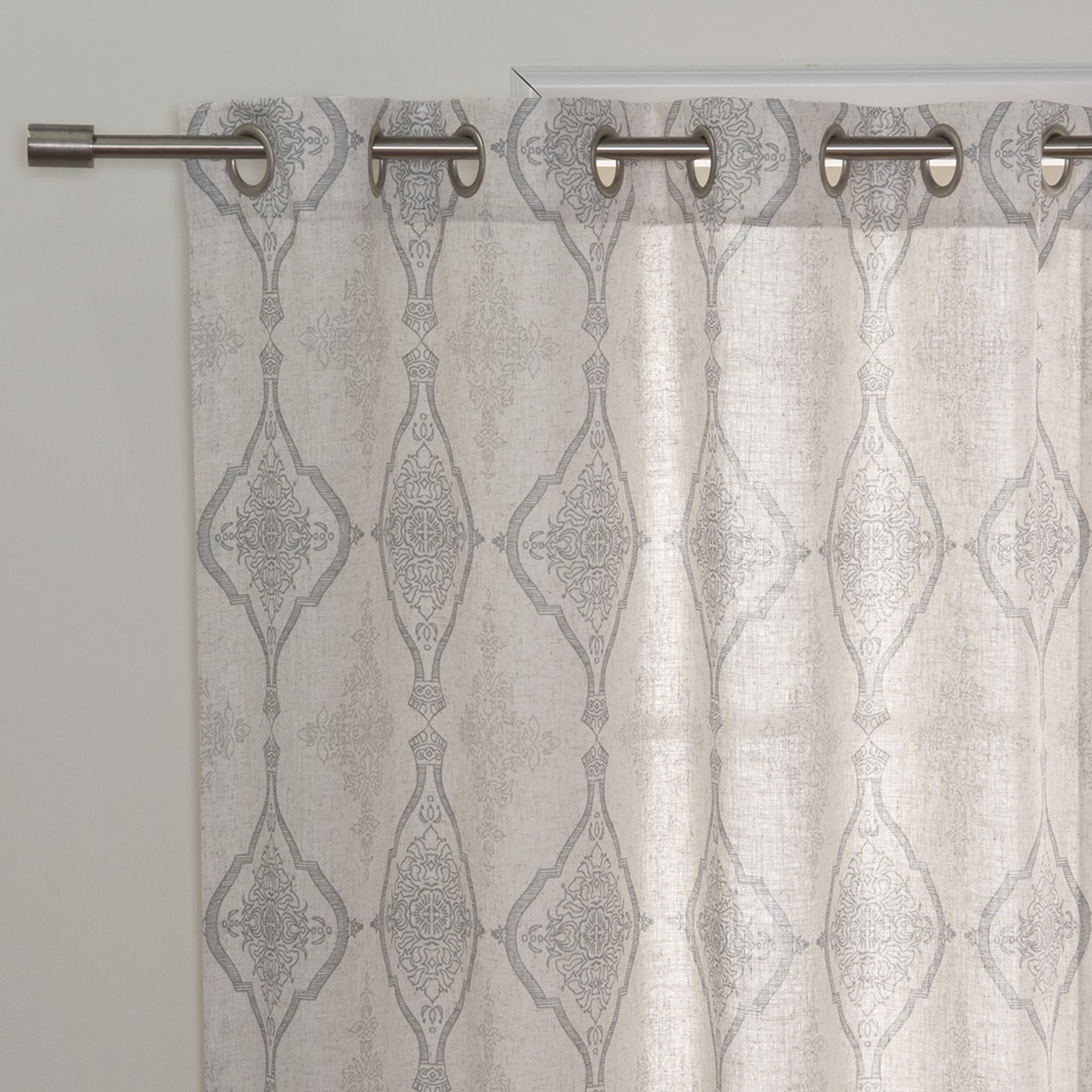 Gray Damask Medallion Linen Blend Sheer Window Panel