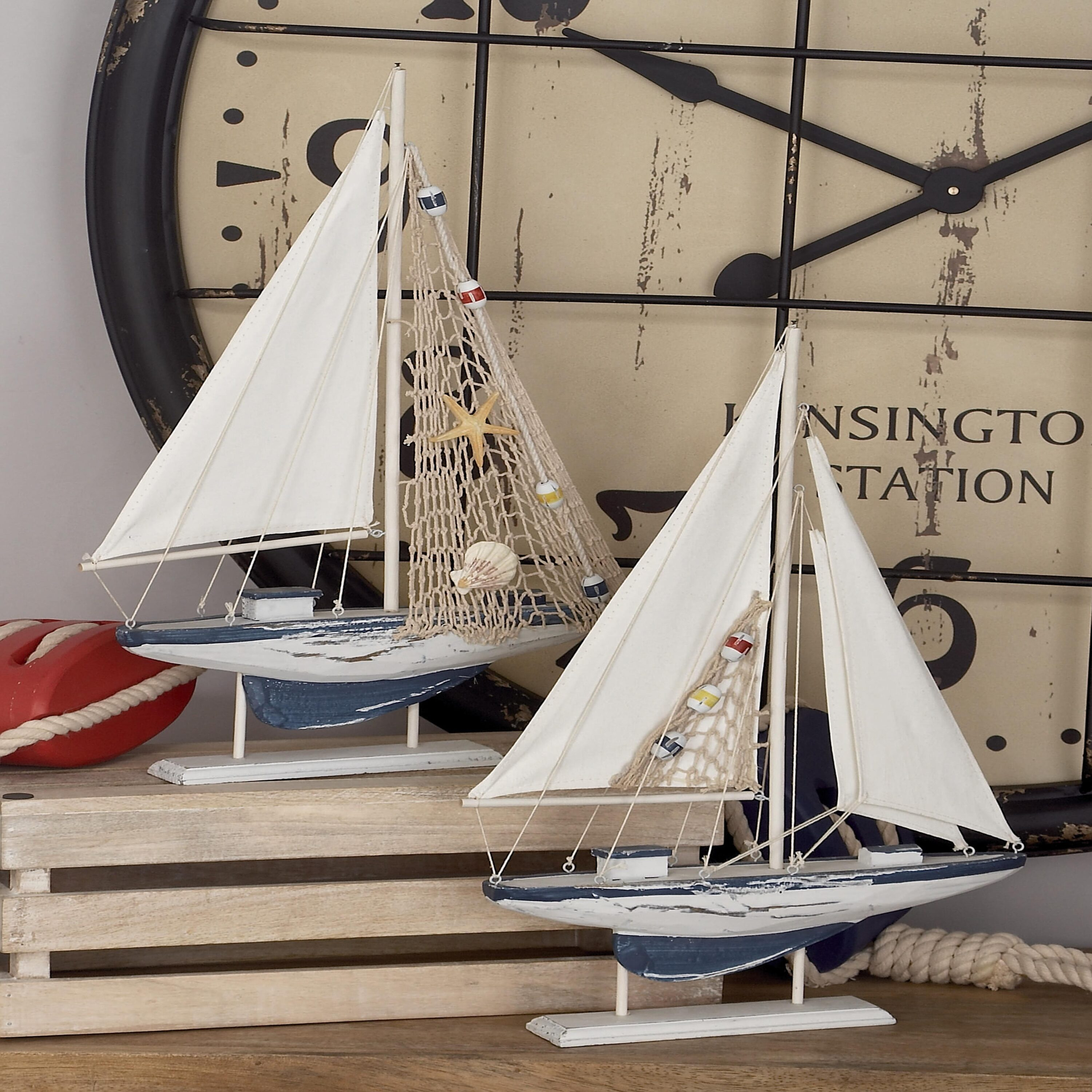 20"H, 13"W White Wood Sail Boat Sculpture, by DecMode (2 Count)