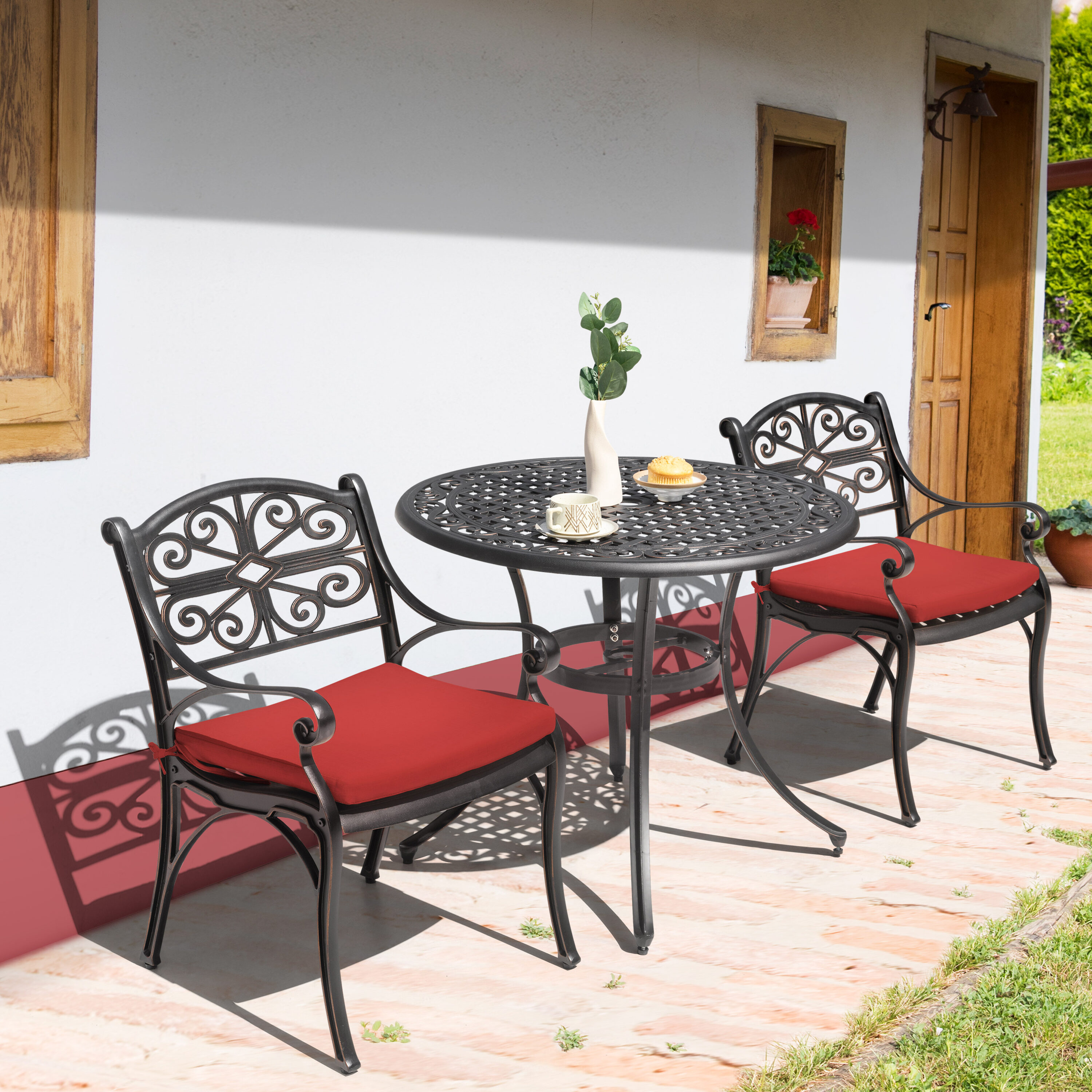 Nuu Garden 3-Piece Patio Bistro Set Outdoor Cast Aluminum Bistro Table and Chairs Set of 2, Outdoor Patio Table Set with Umbrella Hole and Cushions for Patio Balcony, Black