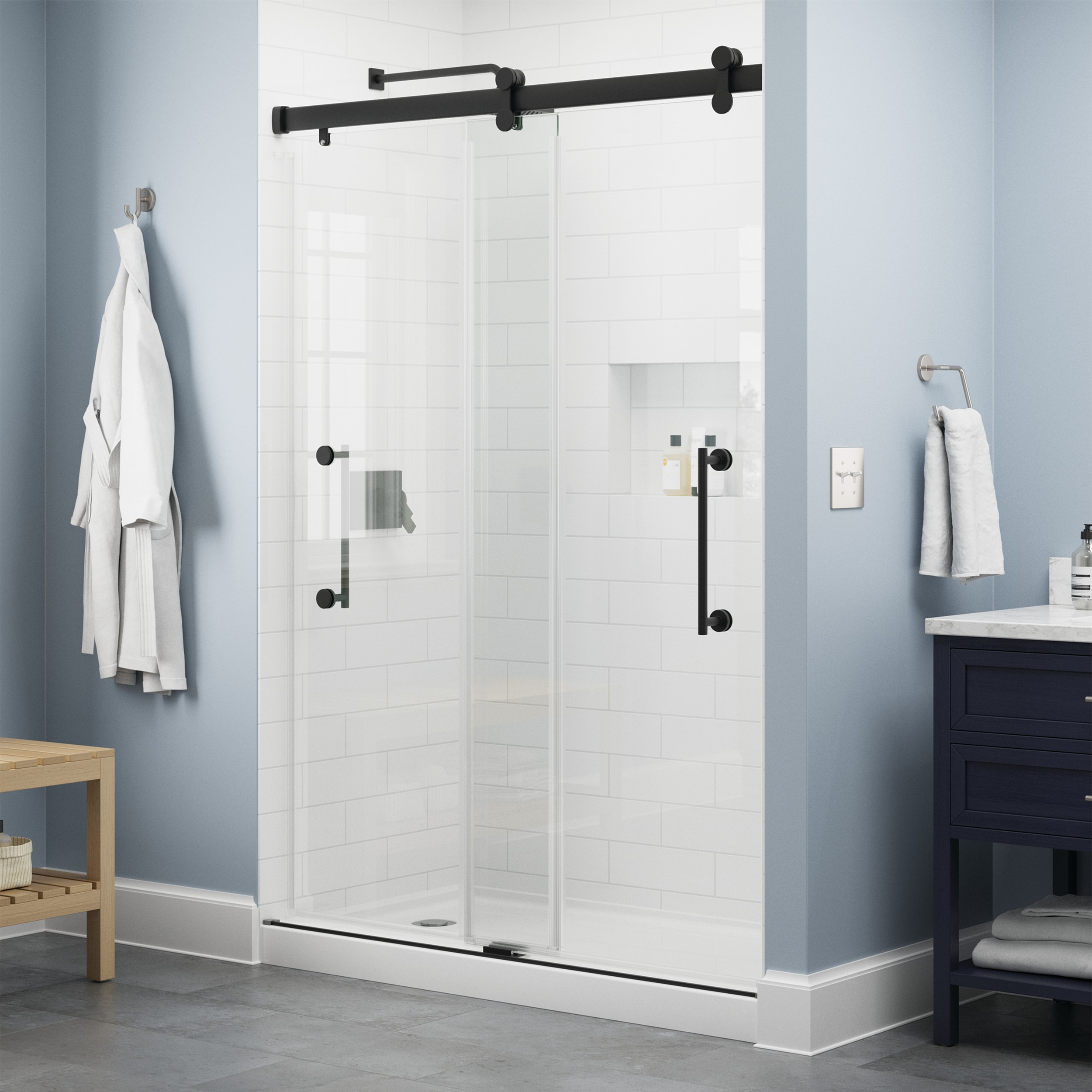 Delta Commix 48 in. x 76 in. Frameless Exposed Roller Sliding Shower Door in Black with 5/16 in. (8mm) Tempered Clear Glass, SDES848-MB-R