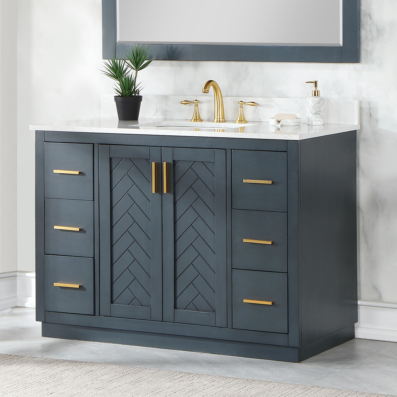Gazsi 48" Single Bathroom Vanity Set in Charcoal Blue with Grain White Composite Stone Countertop without Mirror