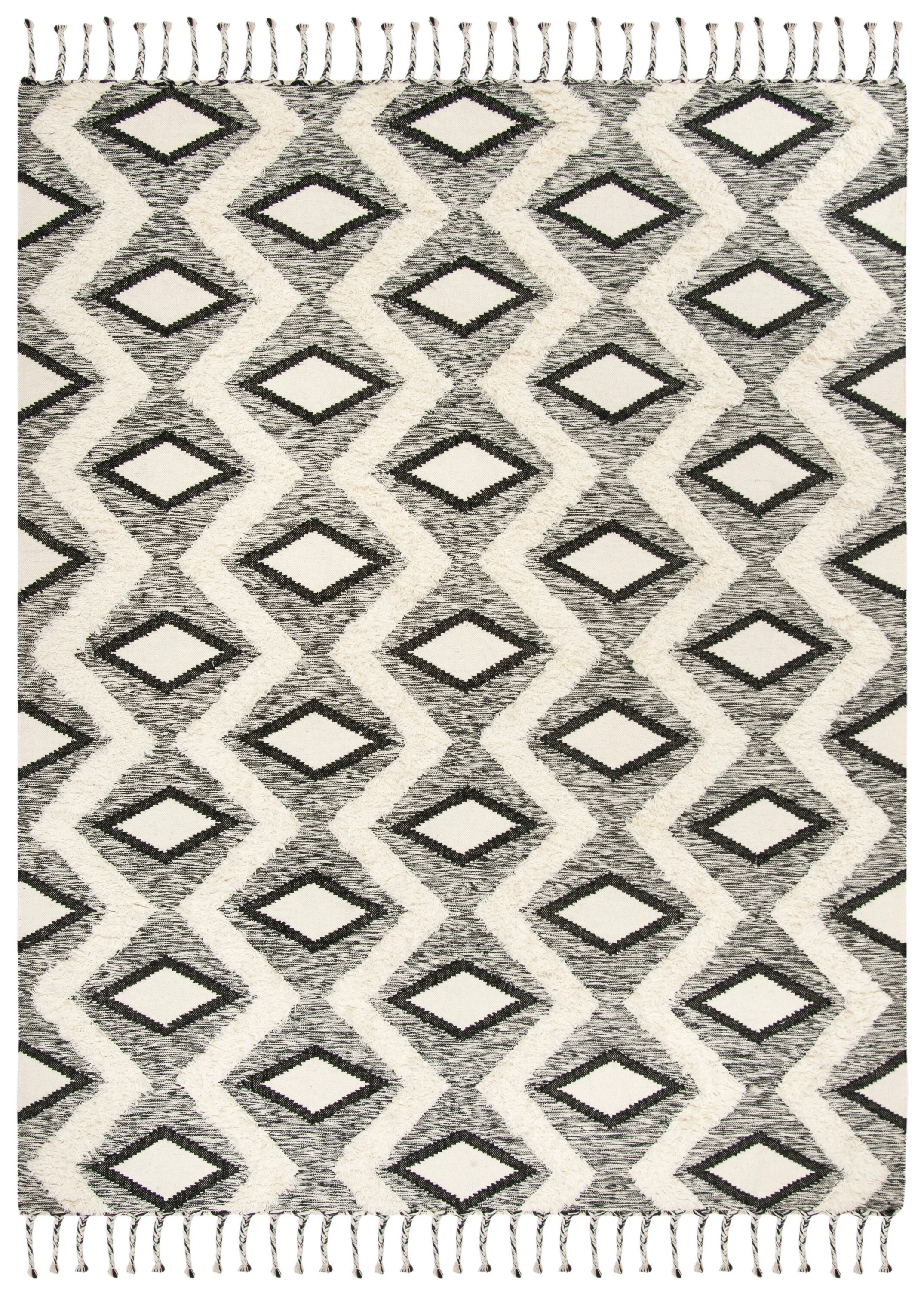 SAFAVIEH Kenya Aniyah Geometric Diamonds Fringe Area Rug, Black/Ivory, 9' x 12'