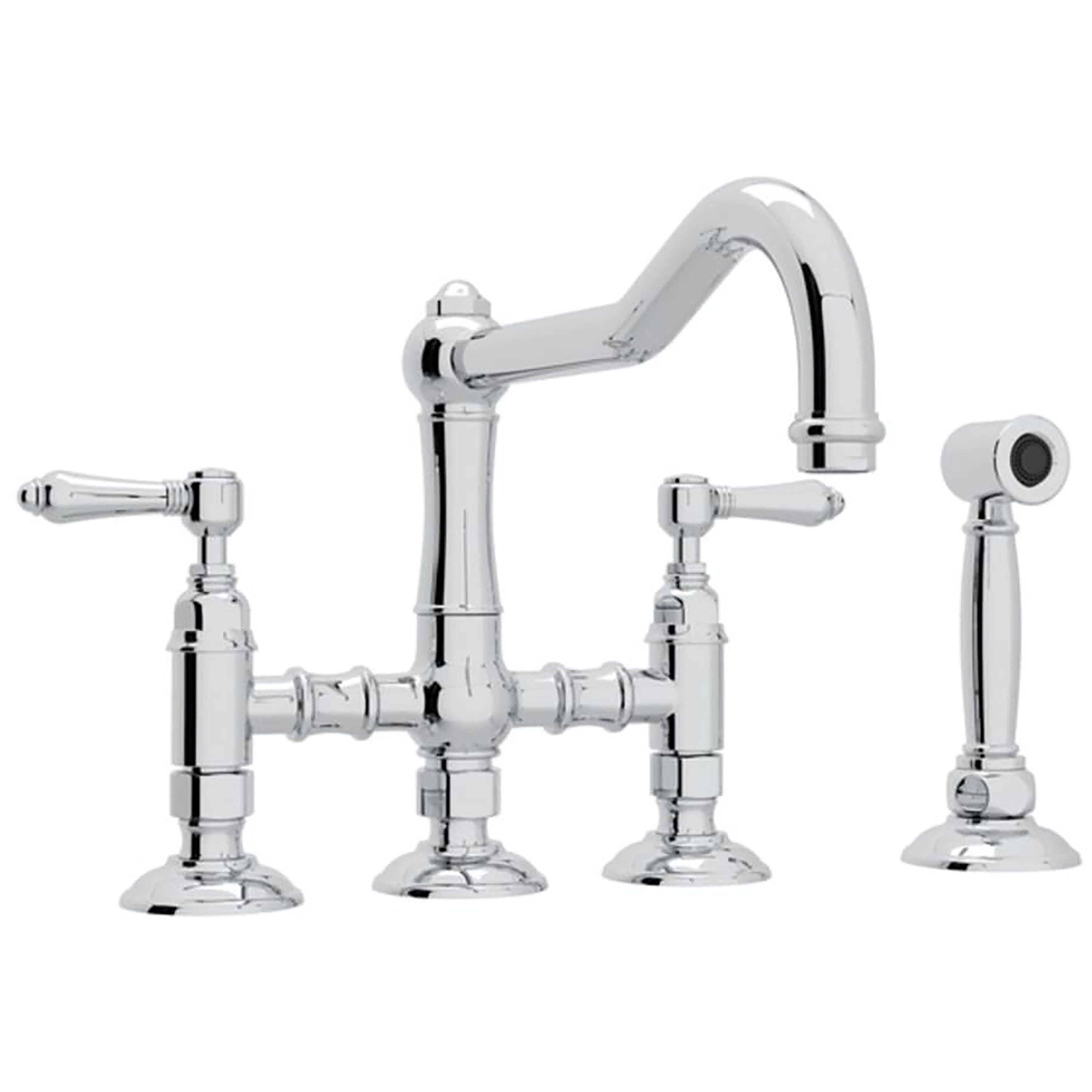 ROHL Italian Kitchen Acqui Three Leg Bridge Faucet with Metal Levers Sidespray And 9" Reach Column Spout In Polished Chrome