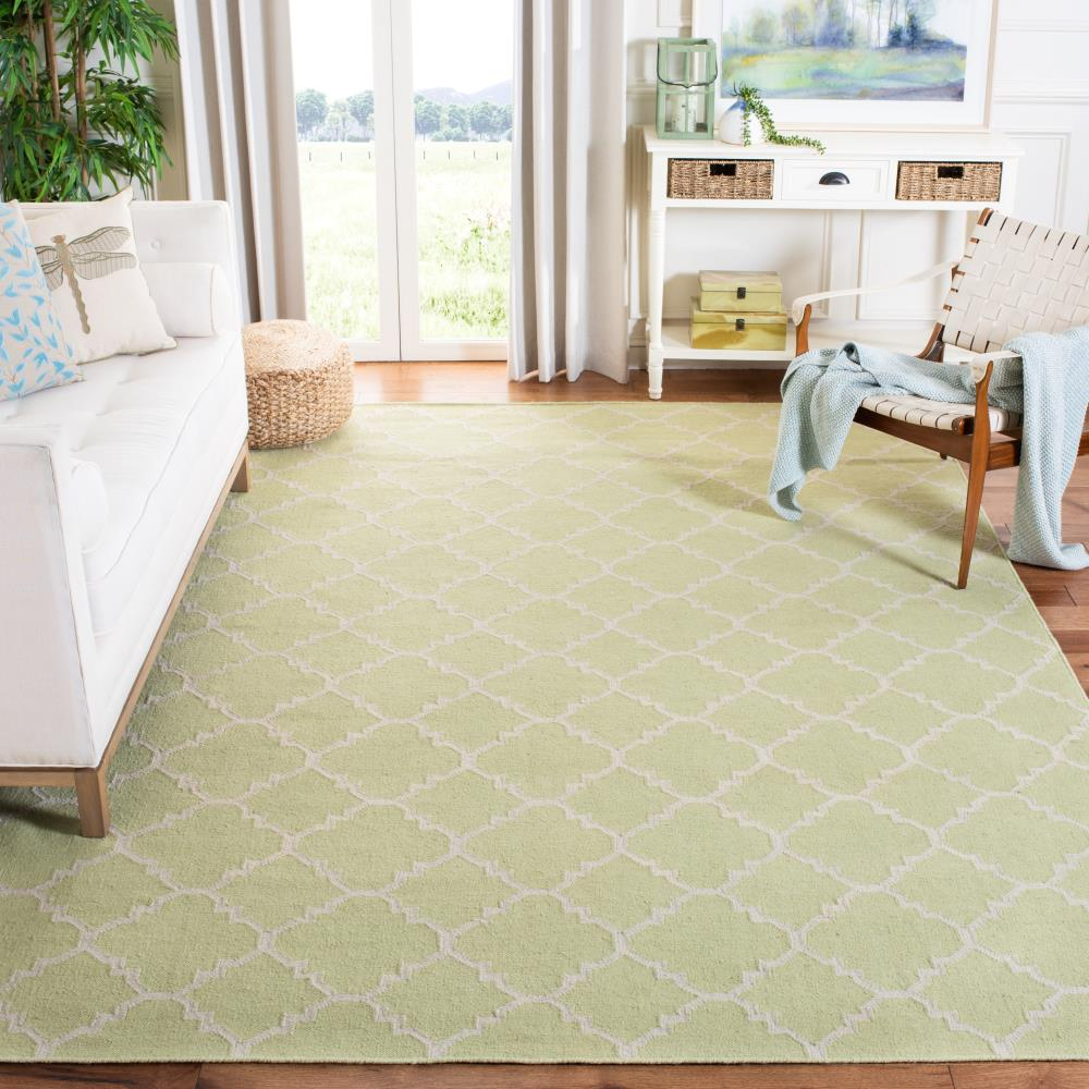 SAFAVIEH Dhurrie Brad Geometric Moroccan Wool Area Rug, Light Green/Ivory, 8' x 8' Square
