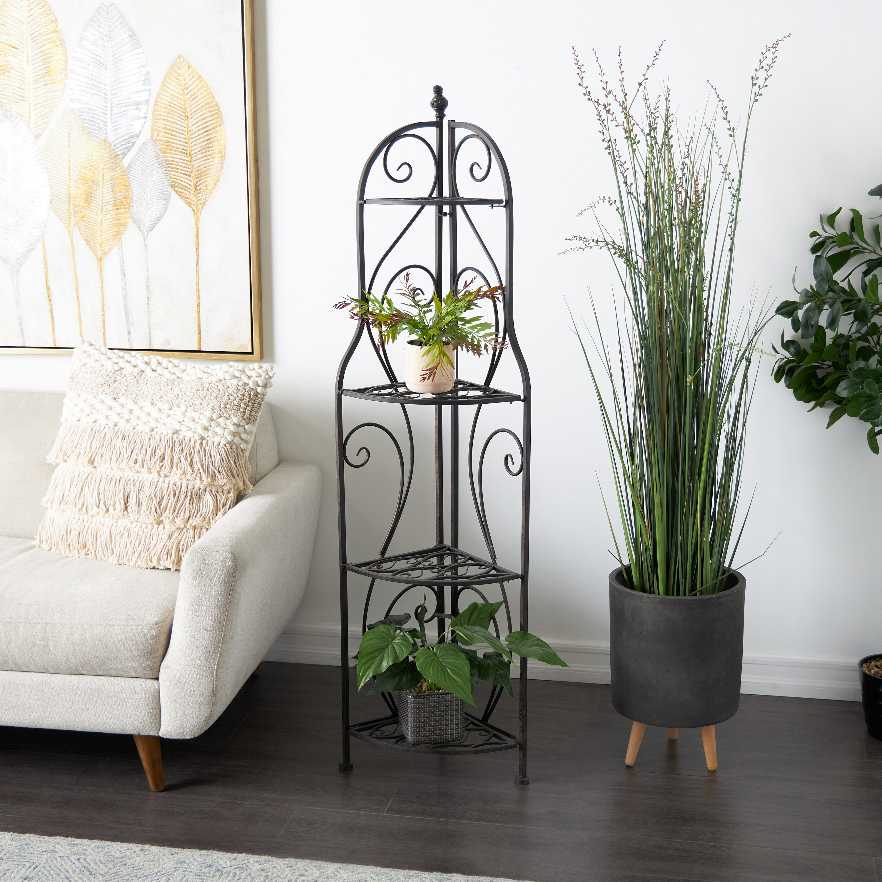 DecMode 17" x 60" Black Metal Scroll Indoor Outdoor Tall Folding 4 Shelves Bakers Rack, 1-Piece