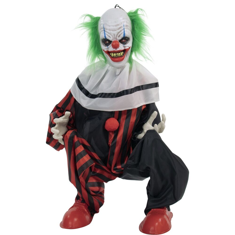 Haunted Hill Farm 32 In. Crouching Clown Creepy Animatronic with Lights and Sound, HHCLOWN-12FLSA