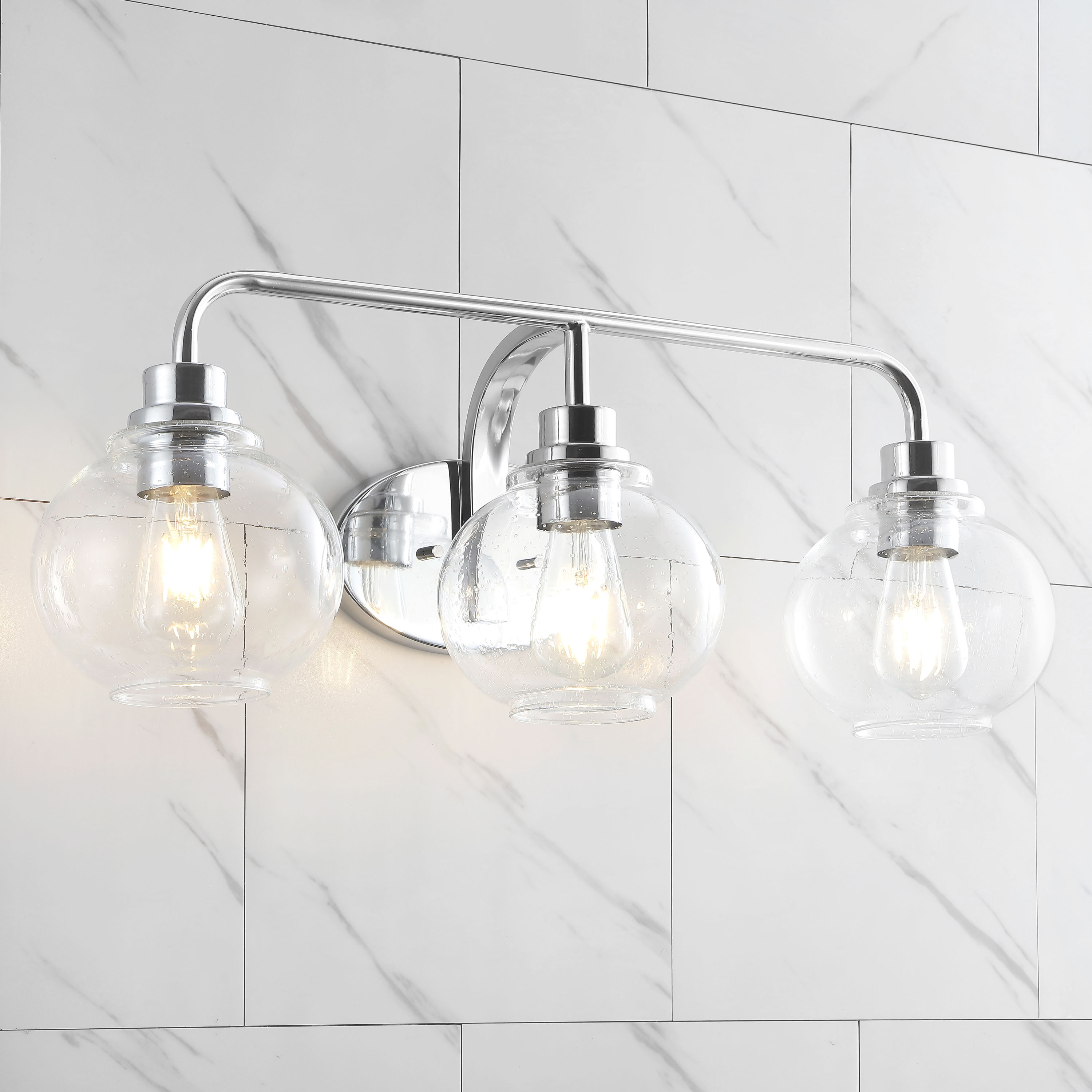JONATHAN Y JYL7528B Sandrine 26.25" 3-Light Iron/Seeded Glass Cottage Rustic LED Vanity Light Classic 2700K LED 4W Bulbs Entryway Lobby Kitchen Bathroom Bedroom Living Room Hallway, Chrome