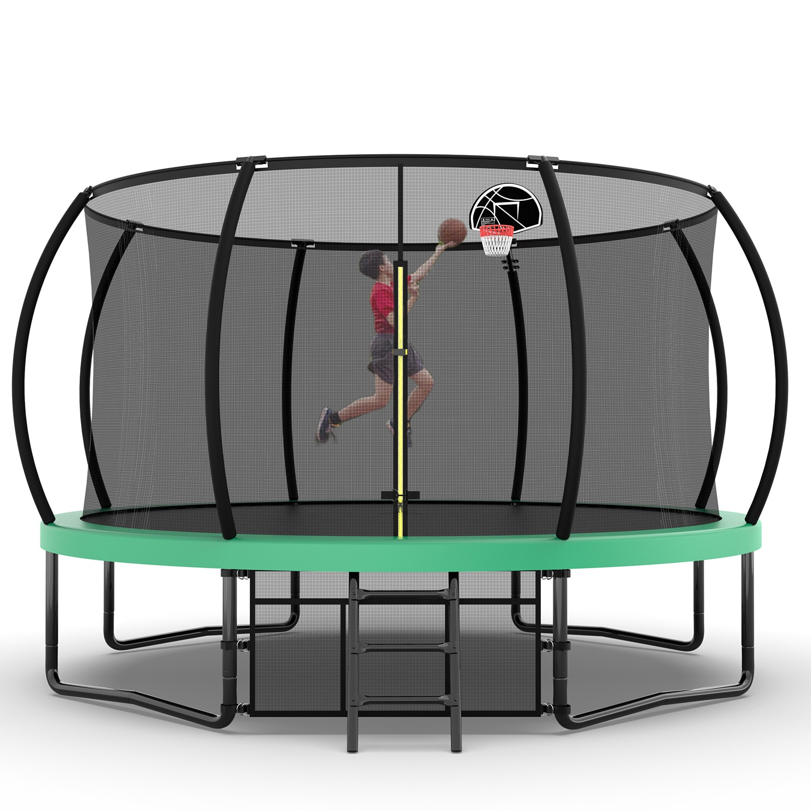 12FT Round Trampoline with Basketball Hoop for Kids, Outdoor Recreational Trampolines with Safety Enclosure Net & Ladder, 880 LBS Weight Capacity, Green