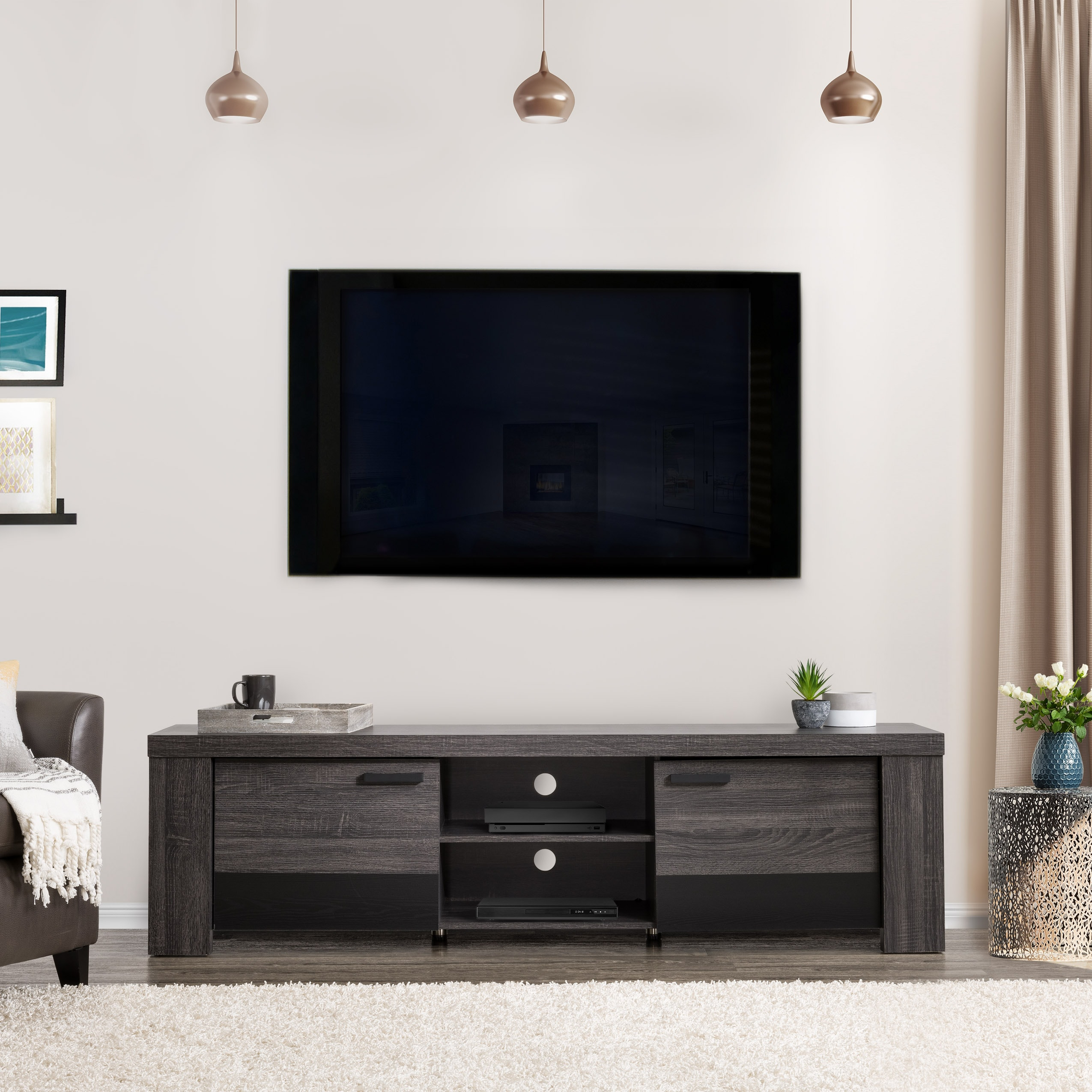 Distressed Carbon Grey and Black Wood TV Stand with Cabinet