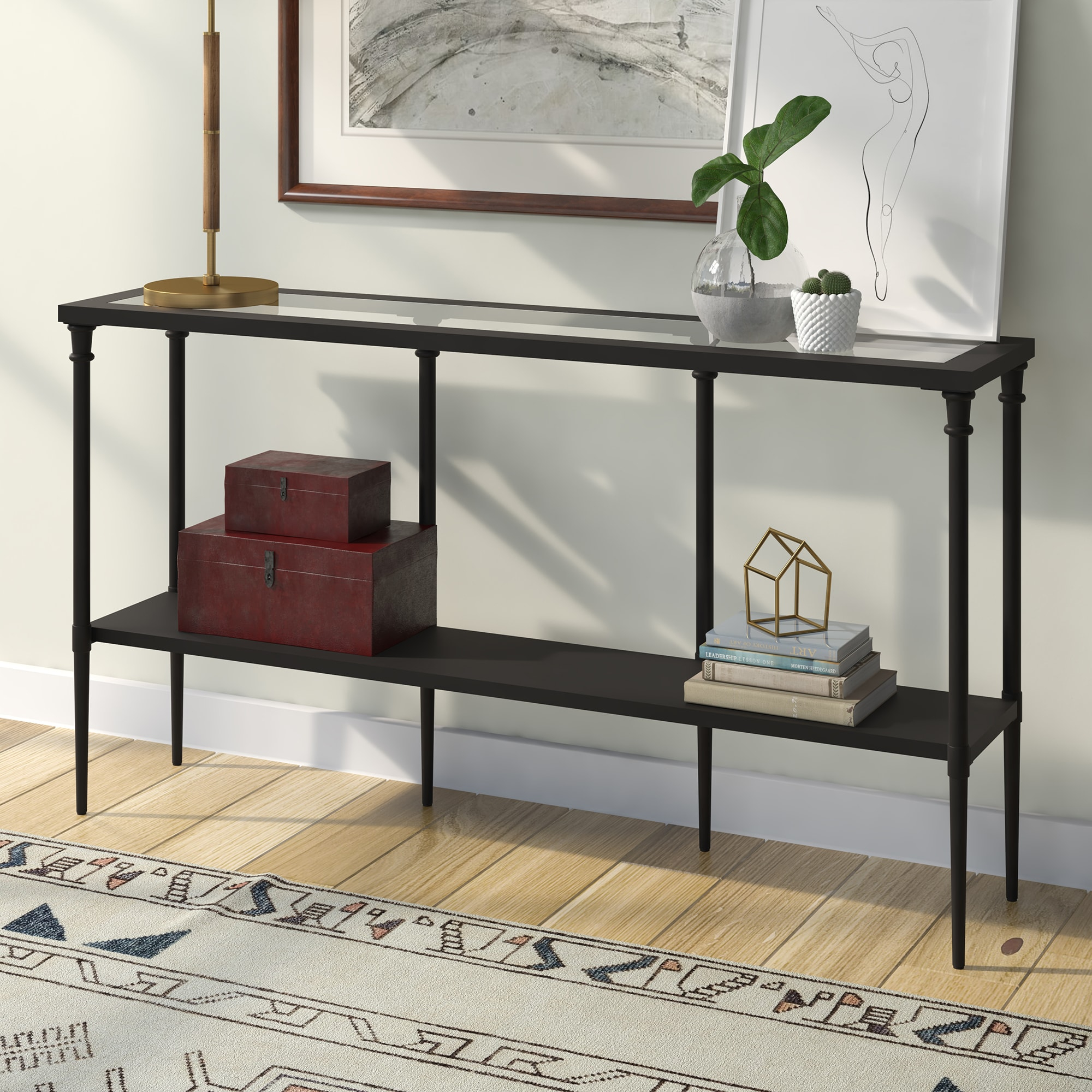 Henn&Hart 55" Blackened Bronze Metal/Glass Console Table