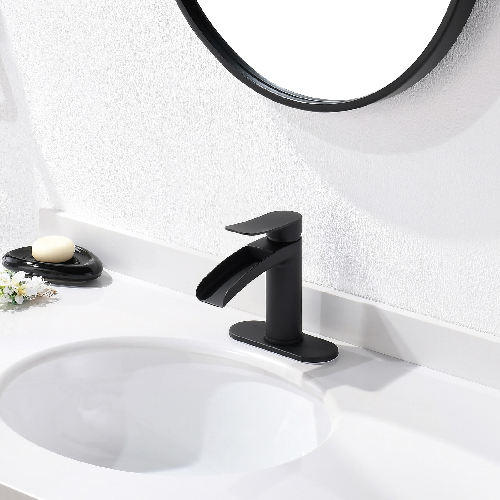 Phiestina Matte Black Single Hole Waterfall Bathroom Sink Faucet Single Handle, with 6-Inch Deck Plate & Metal Pop Up Drain Assembly, NS-SF01-MB
