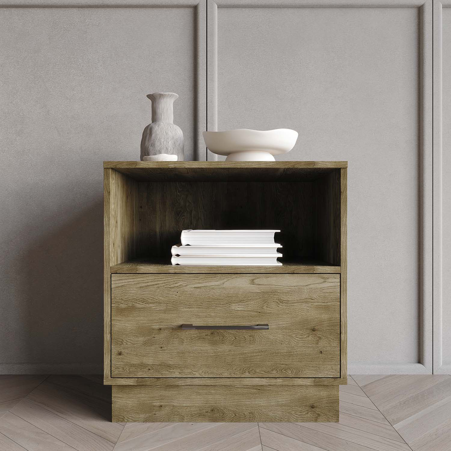 Castle Place Rustic Wood 1 Drawer Nightstand, Brown Oak