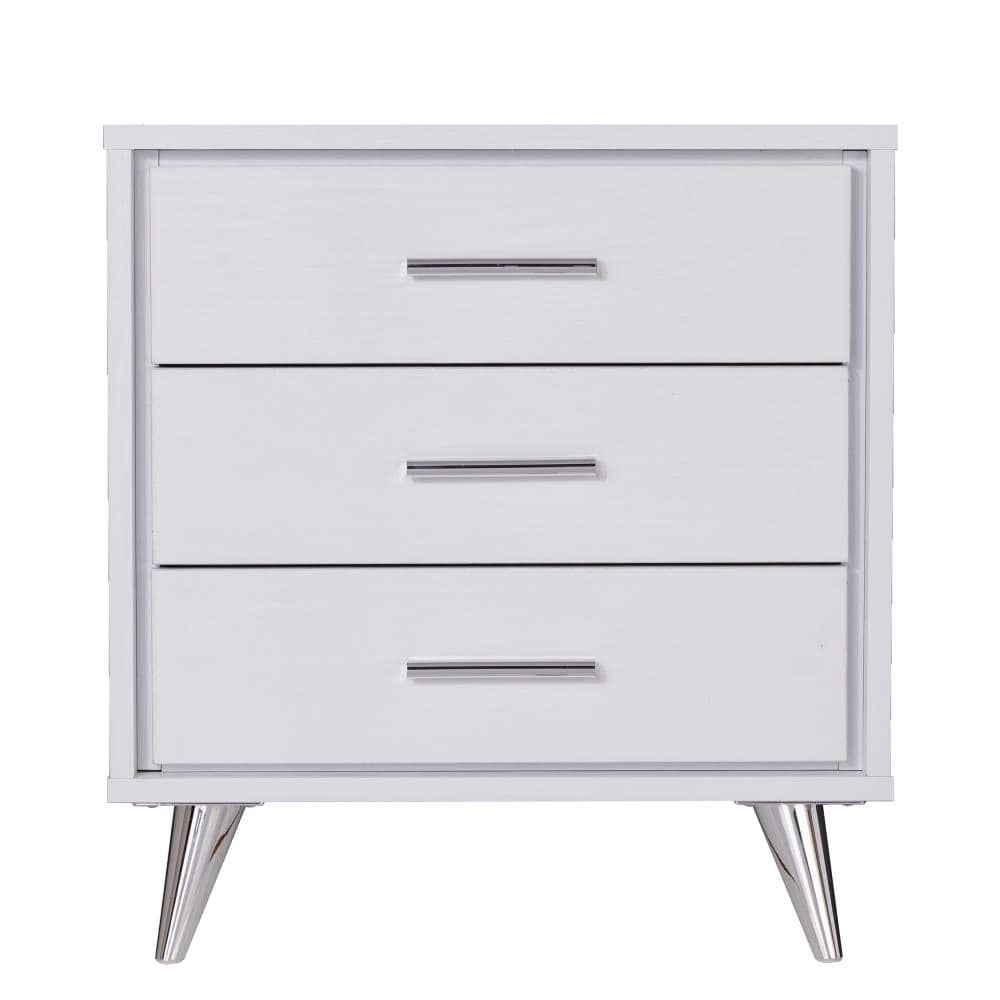 SEI Furniture Oren 3 Drawer Nightstand in White and Chrome