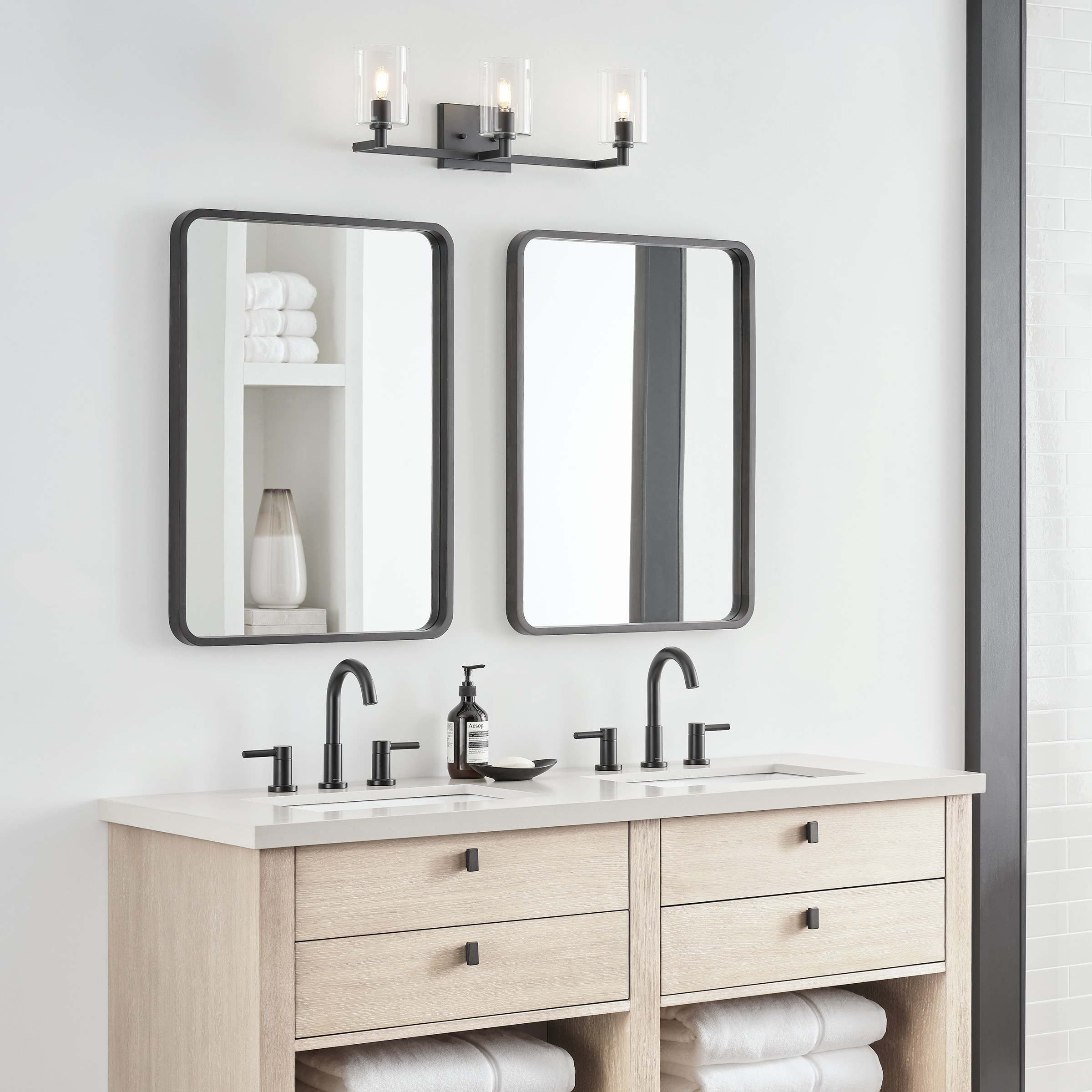 Fullton Midnight Black 3-Light Vanity with Clear Glass Cylinder Shades