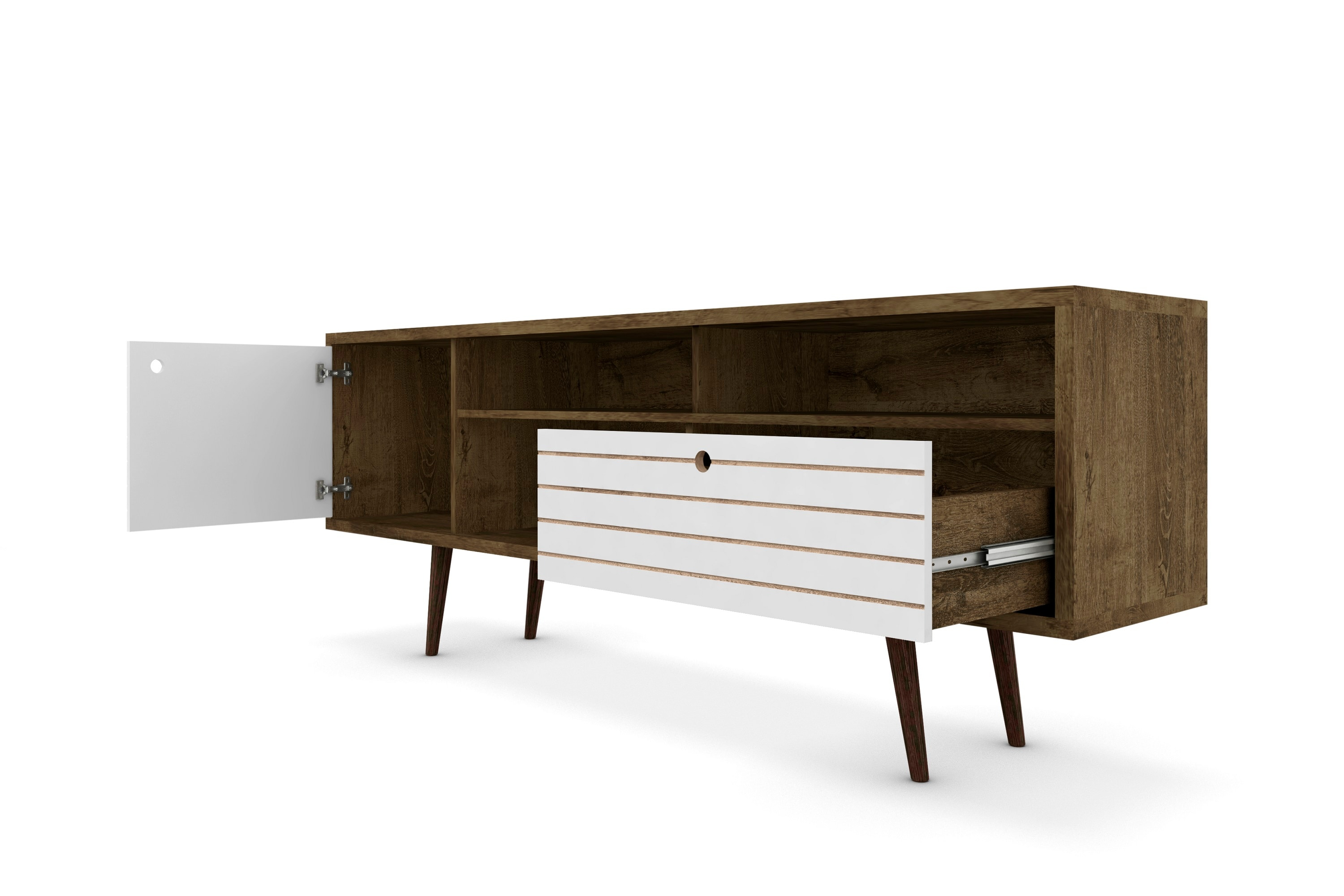 Liberty 70.86" Mid-Century Modern TV Stand with 4 Shelving Spaces and 1 Drawer  with Solid Wood Legs