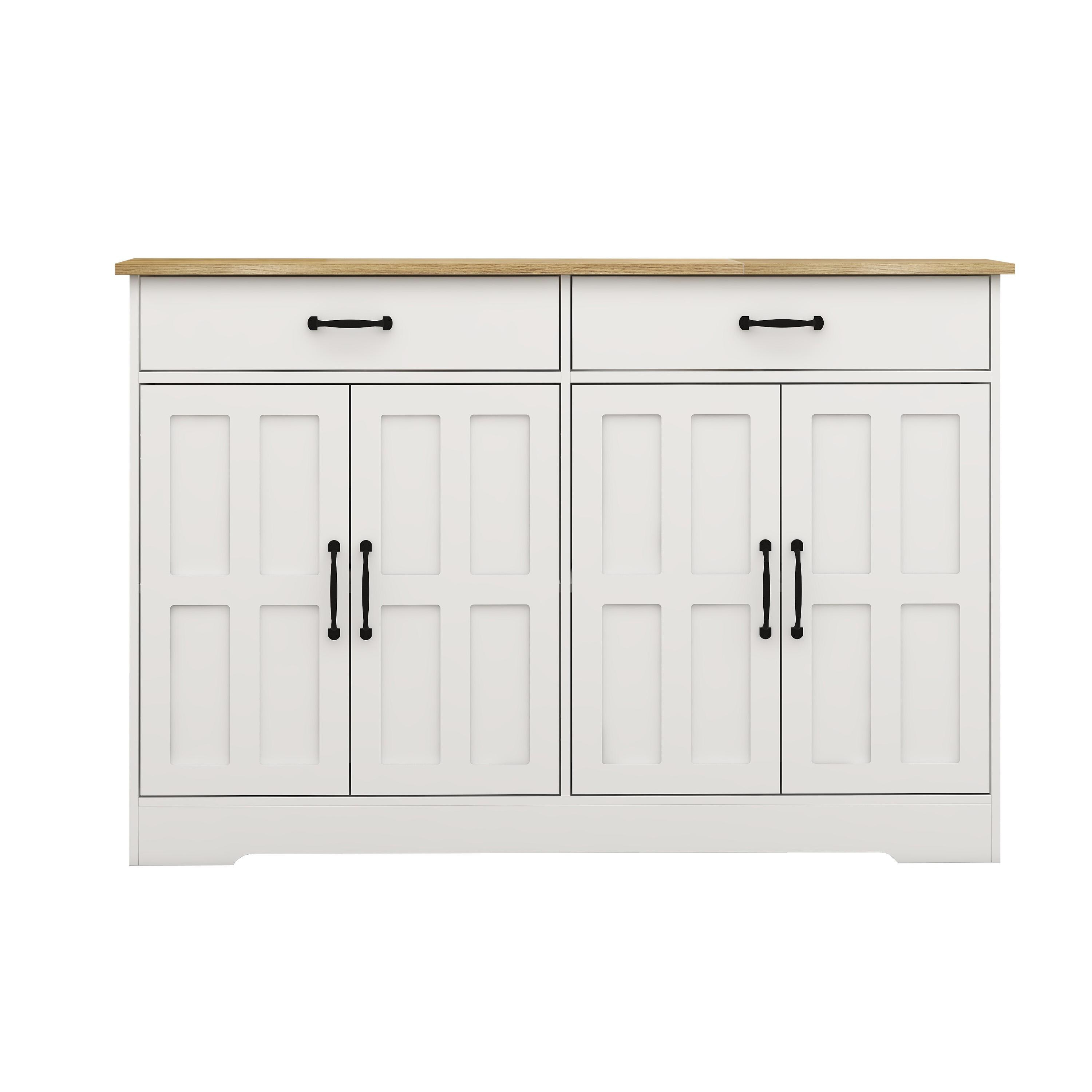 White Farmhouse Wood Buffet Cabinet with Black Metal Handles