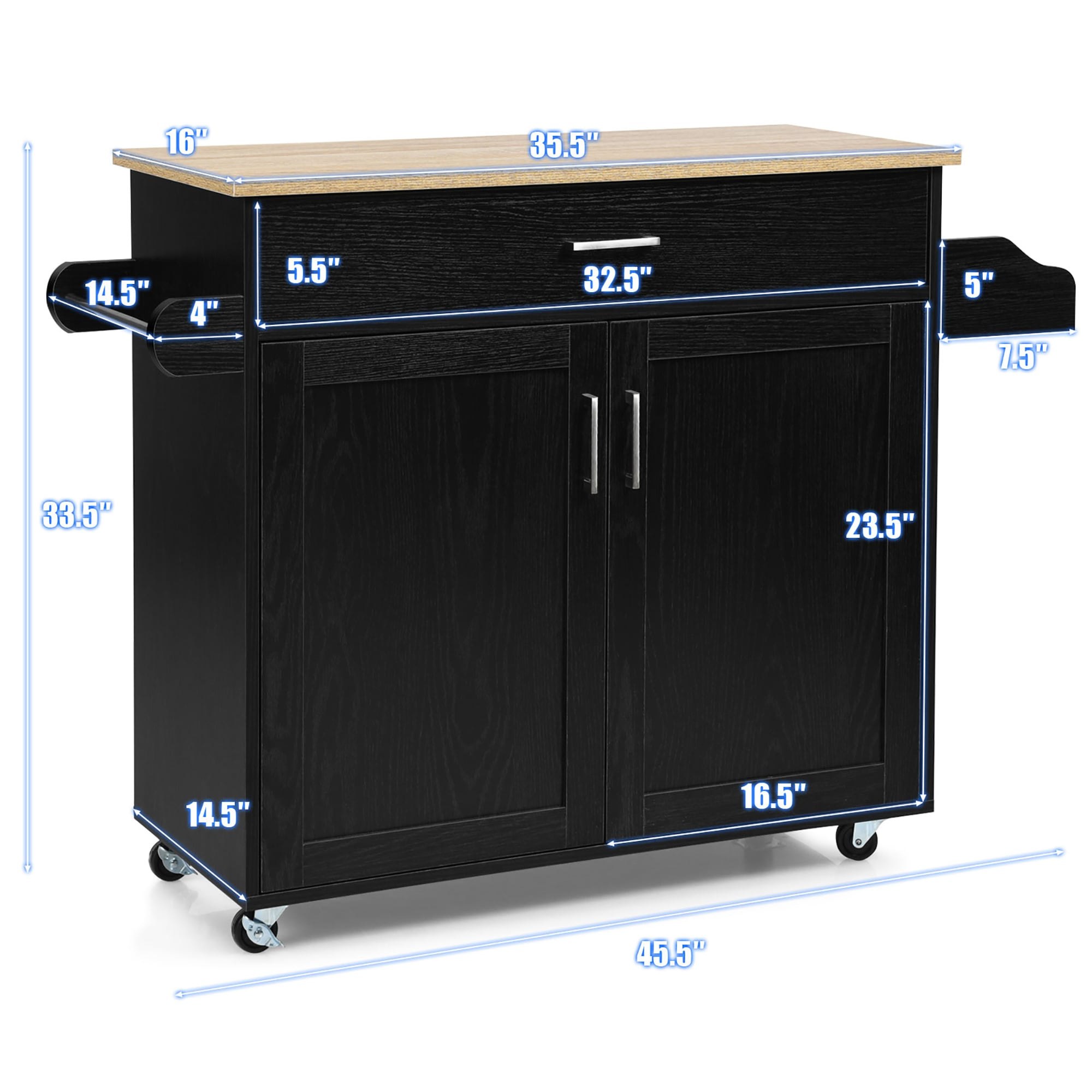 Black Fir Wood Rolling Kitchen Cart with Spice Rack and Storage