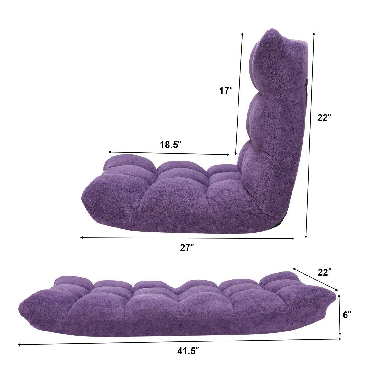Finihen Adjustable 14-position Cushioned Floor Chair, Folding Lazy Sofa Chair for Living Room, Bedroom, for Gaming, Reading, Purple