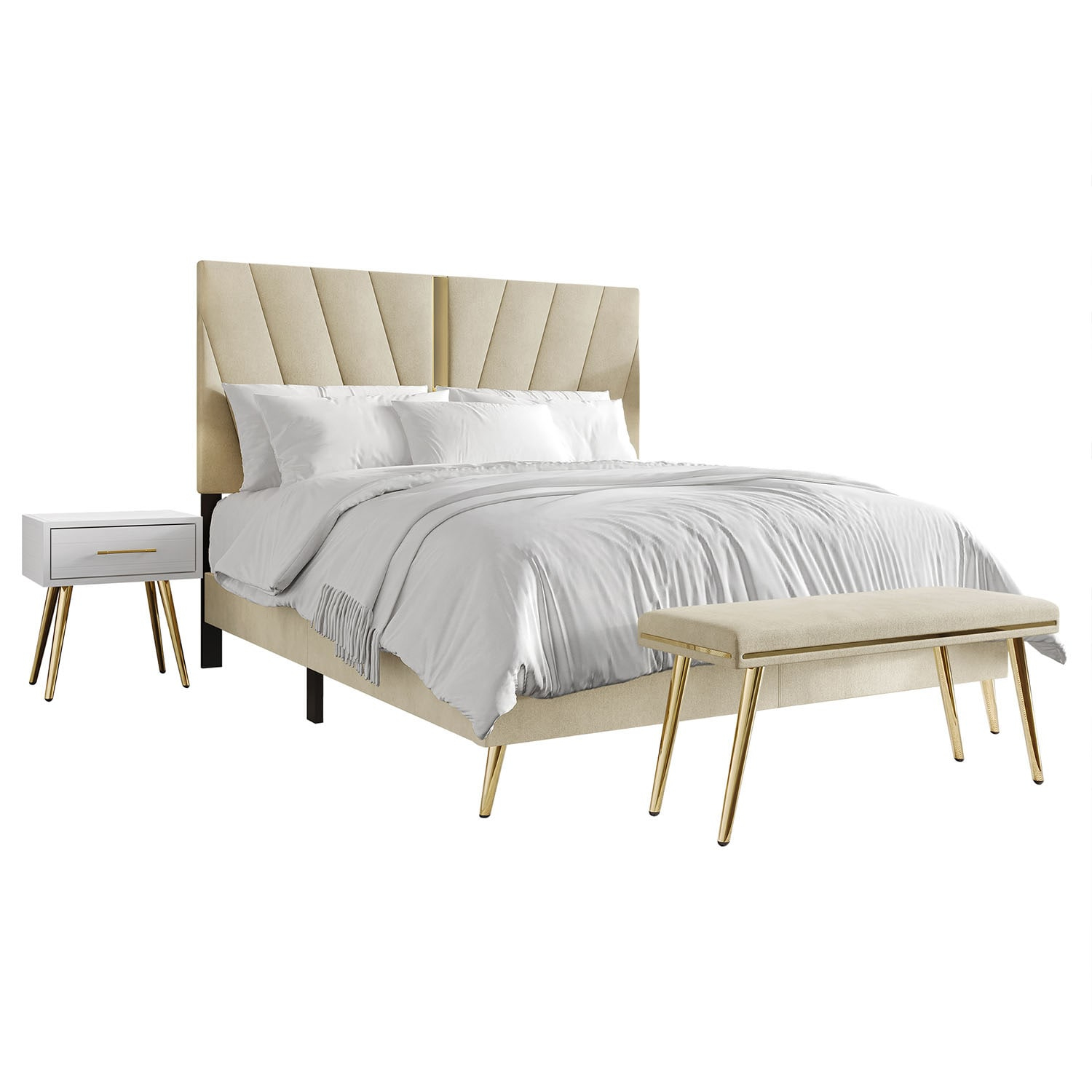Castle Place Contemporary Velvet Full Upholstered Bed with 2 Nightstand and Bench, Champagne