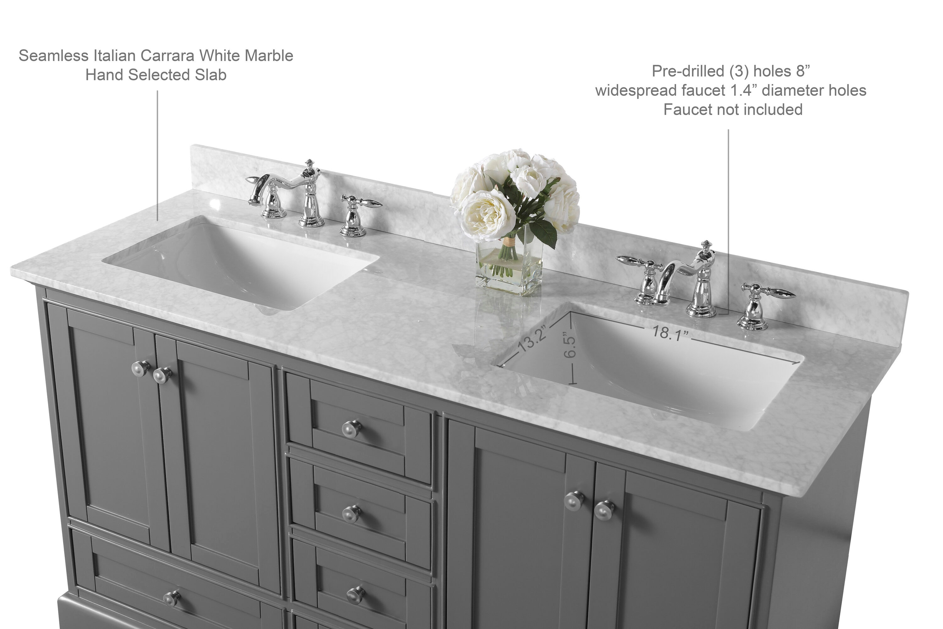 Audrey 60" Sapphire Gray Double Sink Vanity with Marble Top