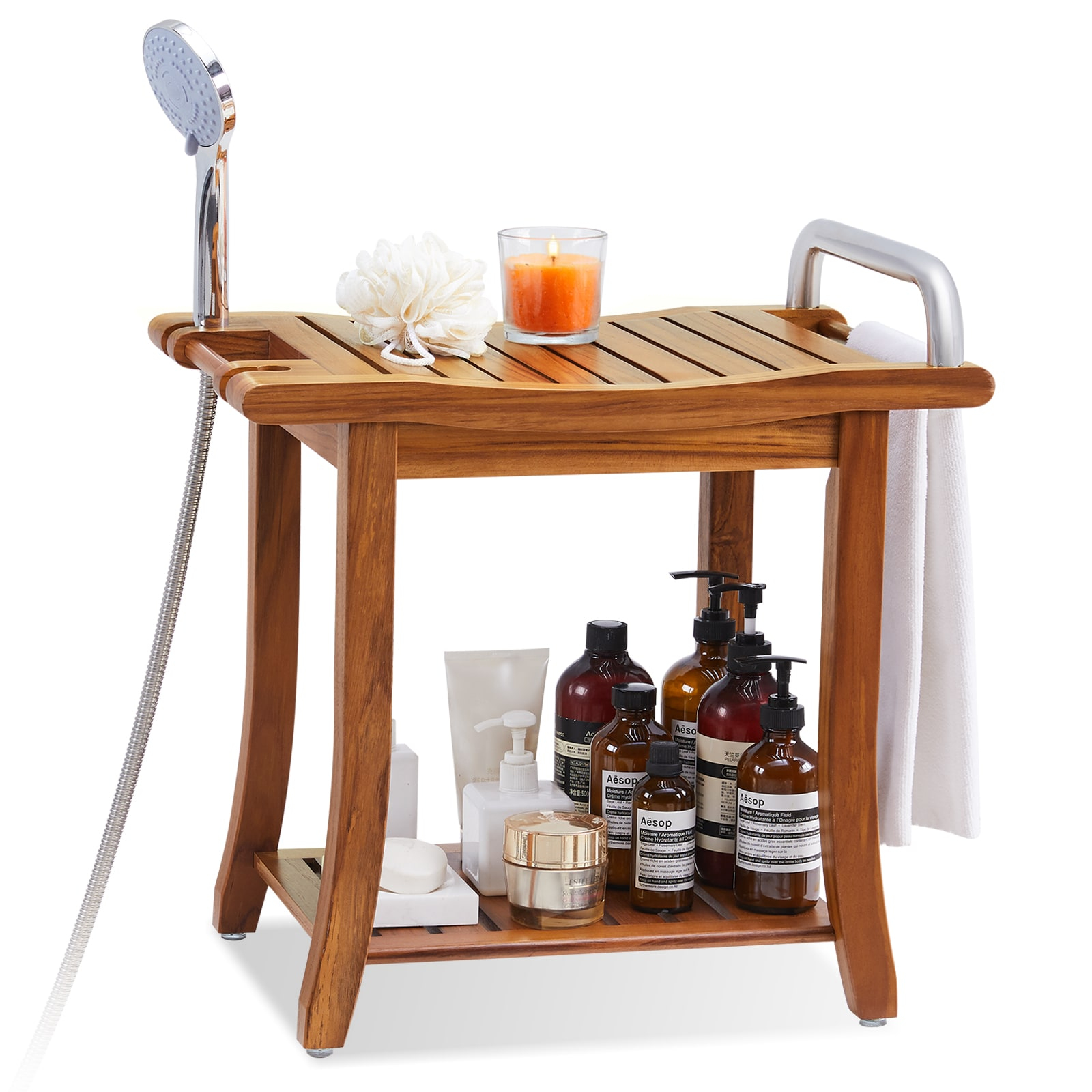 Utopia Alley 20'' Teak Shower Bench with Handle, Large Teak Shower Stool for Bathroom, Waterproof Bathroom Bench - Teak Shower Stool