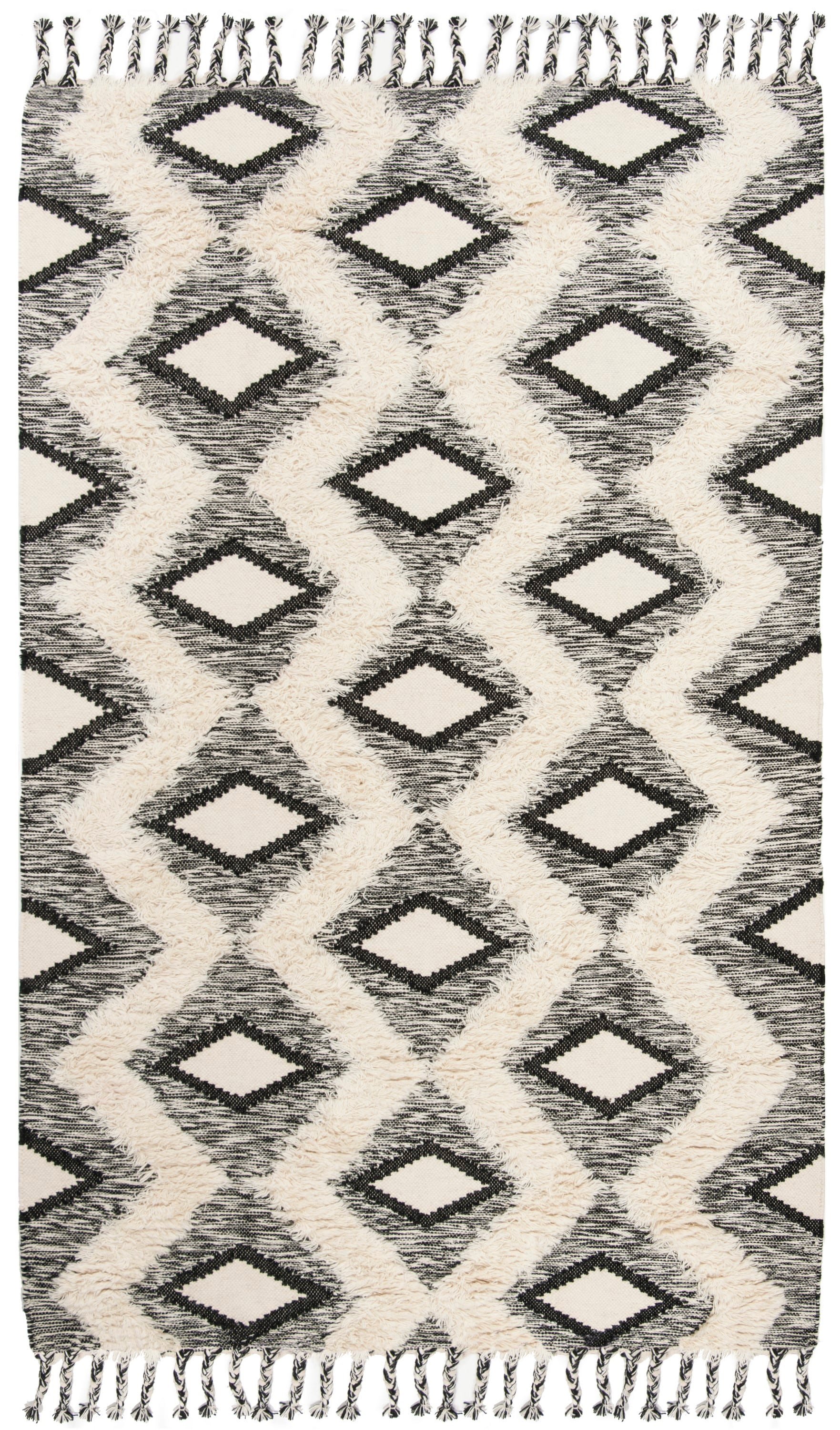 SAFAVIEH Kenya Aniyah Geometric Diamonds Fringe Area Rug, Black/Ivory, 6' x 9'
