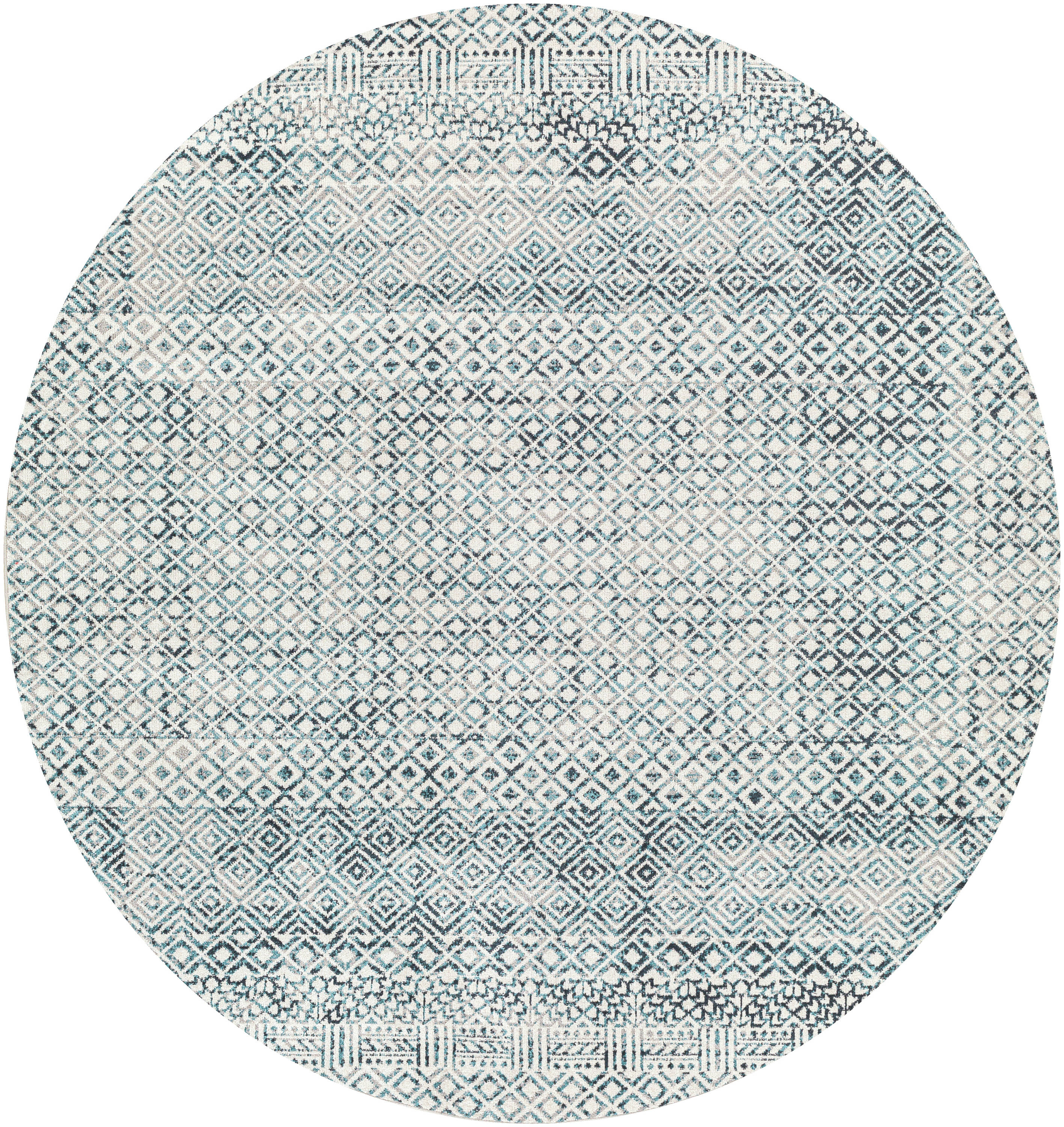 Reversible Blue Geometric Easy-Care Synthetic Round Rug, 79"