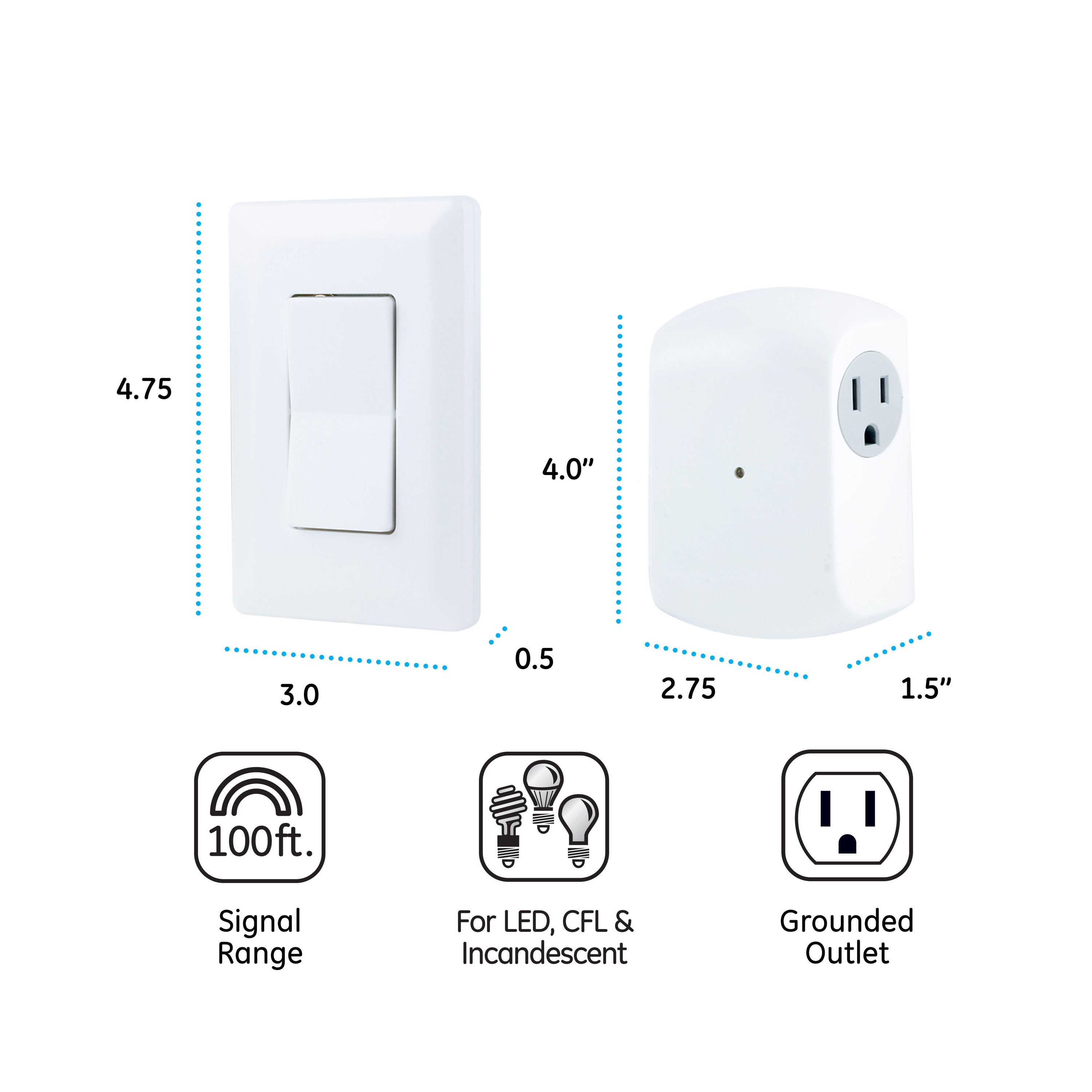 GE Wireless Light Control with Wall Switch, 1-Grounded Outlet, 18279