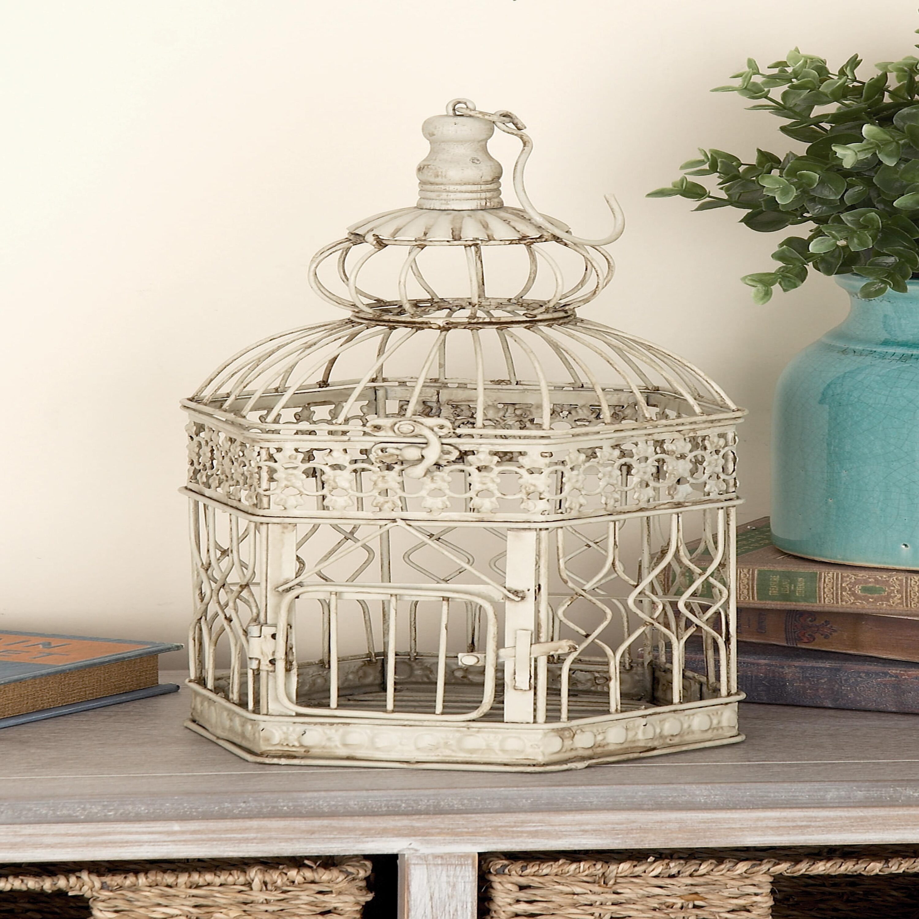 DecMode Cream Vintage Metal Birdcage with Crisscross Vertical Bars and Floral Embossed Design, Set of 2 21", 18"H
