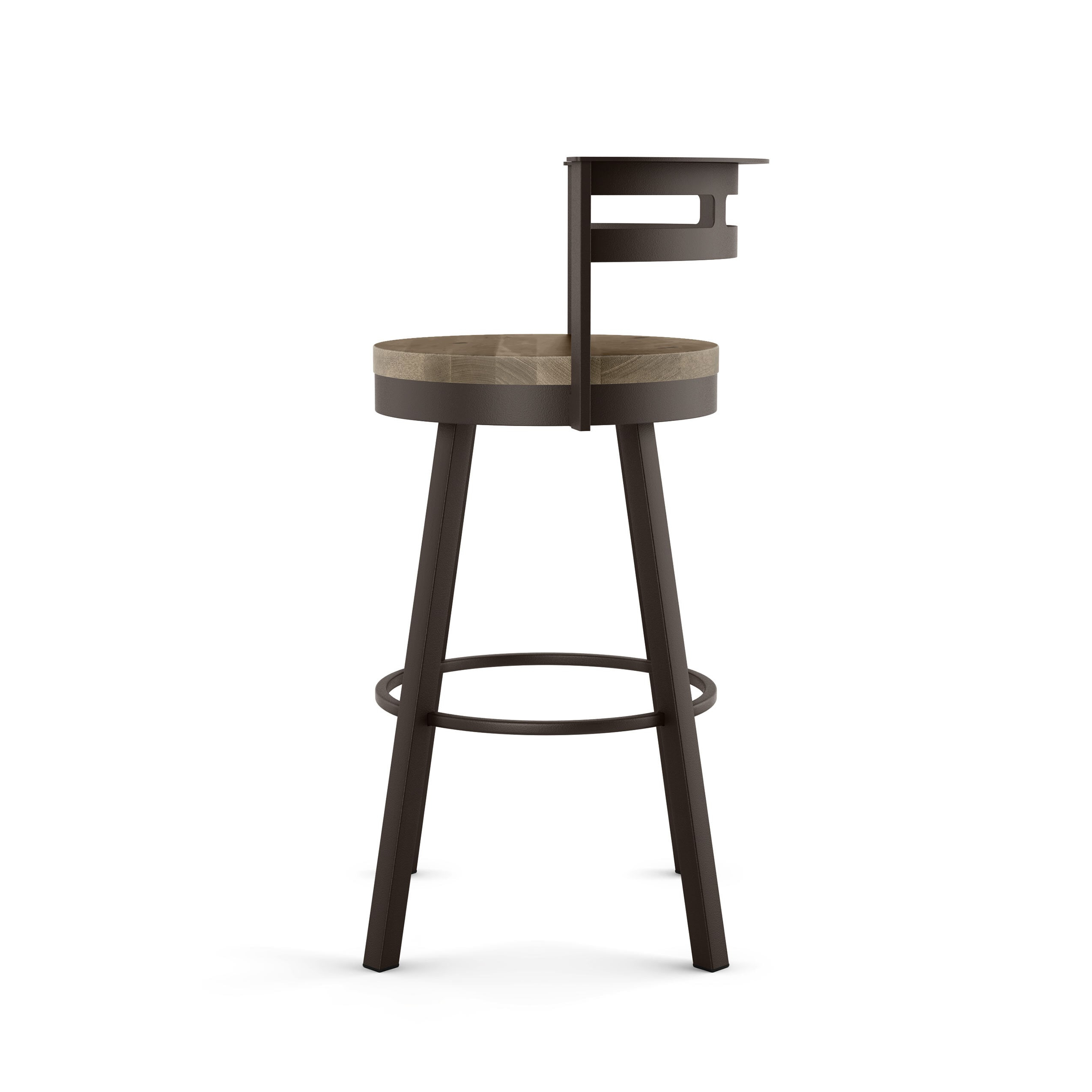 Amisco Vector Beige Distressed Wood / Dark Brown Metal 29.5-Inches H Bar height Round seat Swivel Metal Bar Stool with Arms and Back