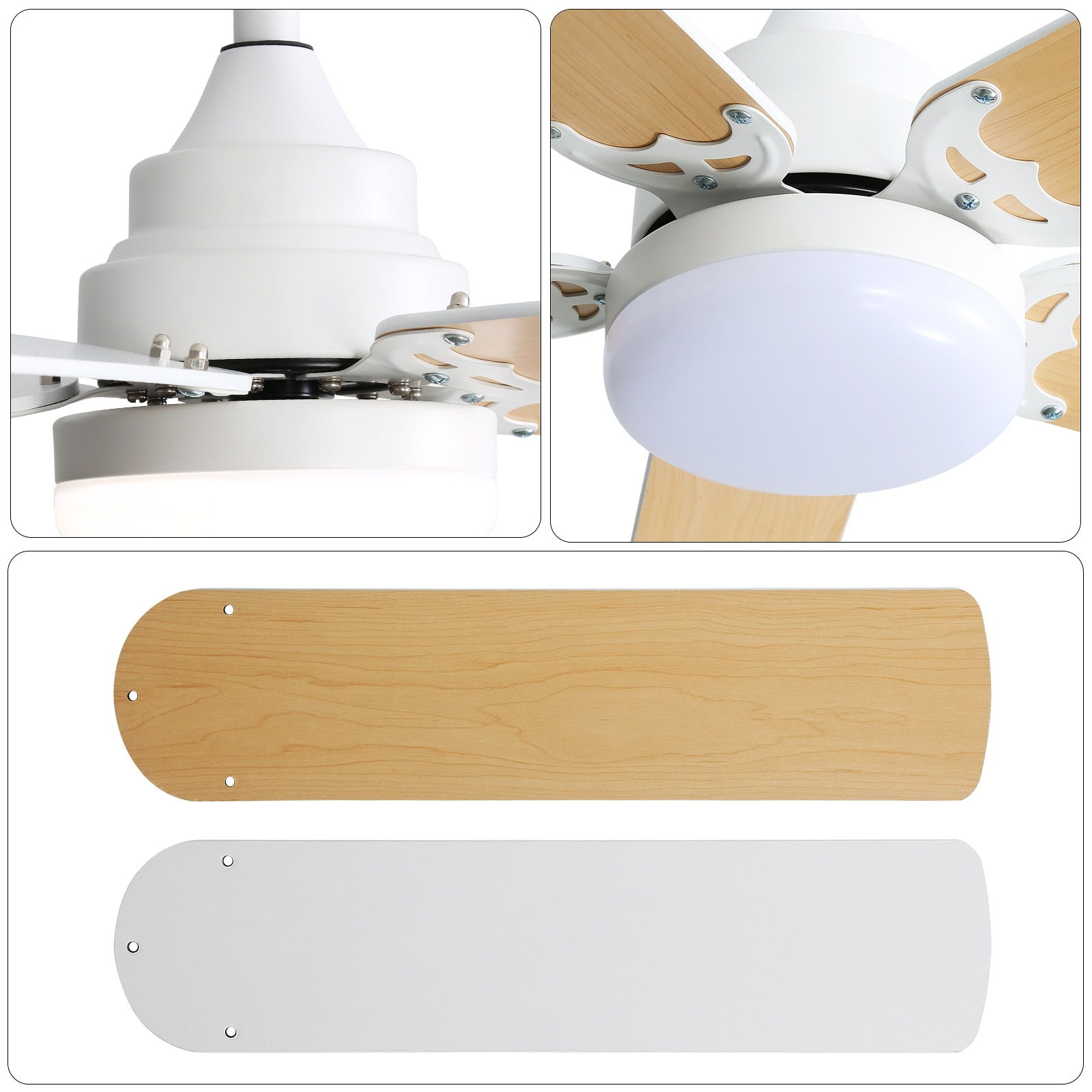 42" Plywood Blades Ceiling Fan with LED light and Remote, Flush Mount and Downrod Mount White (White/light wood grain blades)
