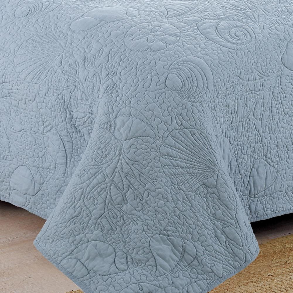 Seaside Haven Embroidered Seashell Twin Quilt Set in Dusty Blue