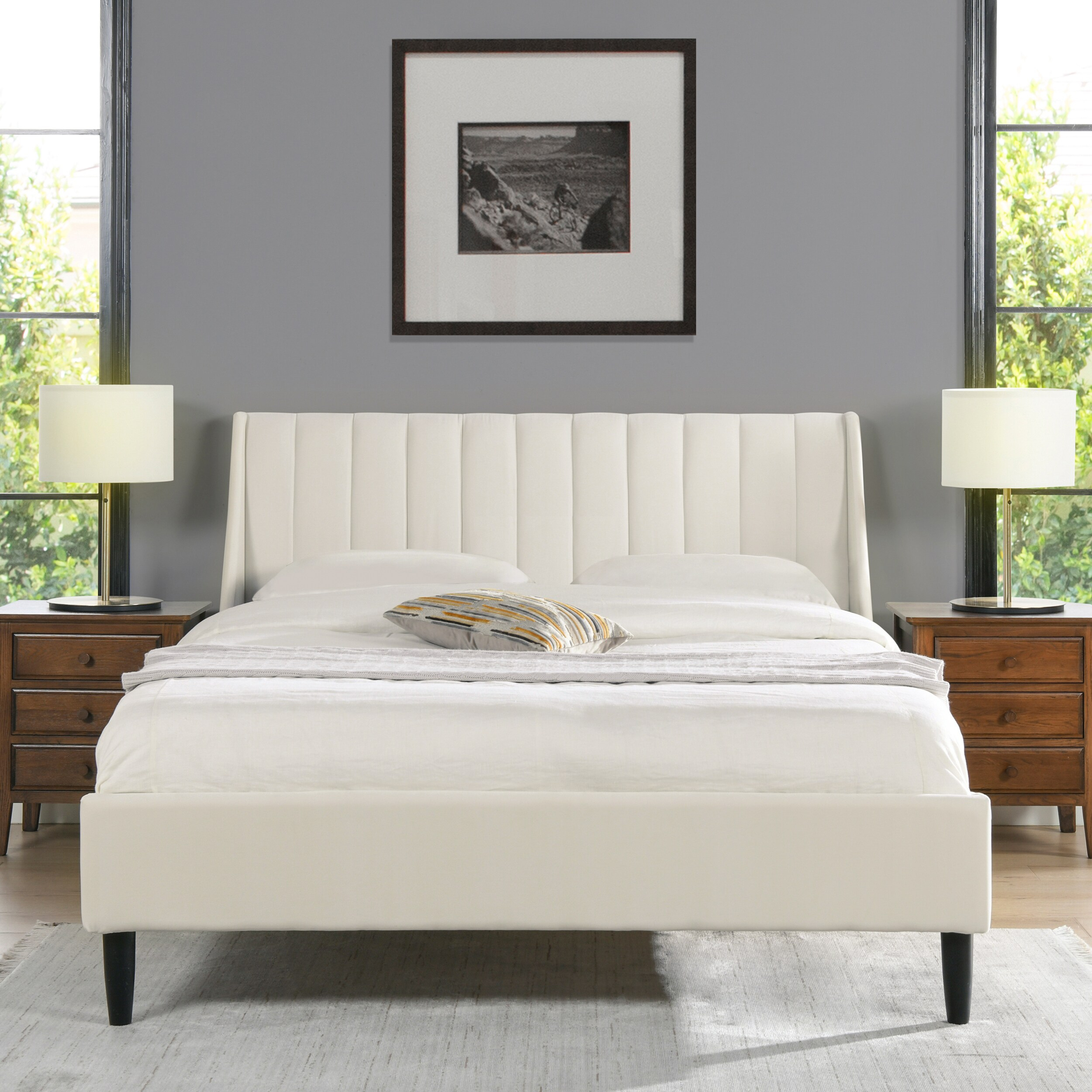 Aspen Queen Pine Upholstered Platform Bed with Tufted Headboard