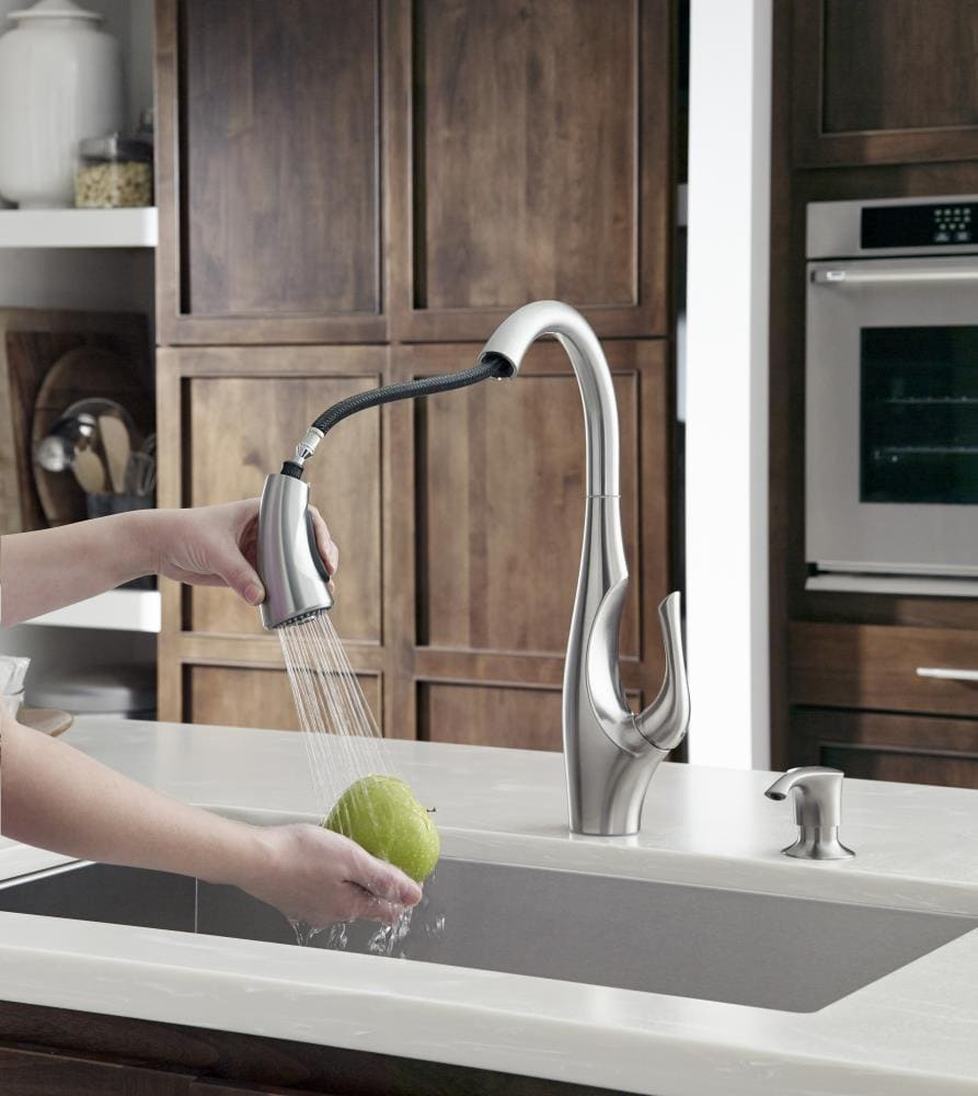 Pfister Indira Kitchen Faucet with Pull Down Sprayer and Soap Dispenser, Single Handle, High Arc, Spot Defense Stainless Steel Finish, F5297NDGS