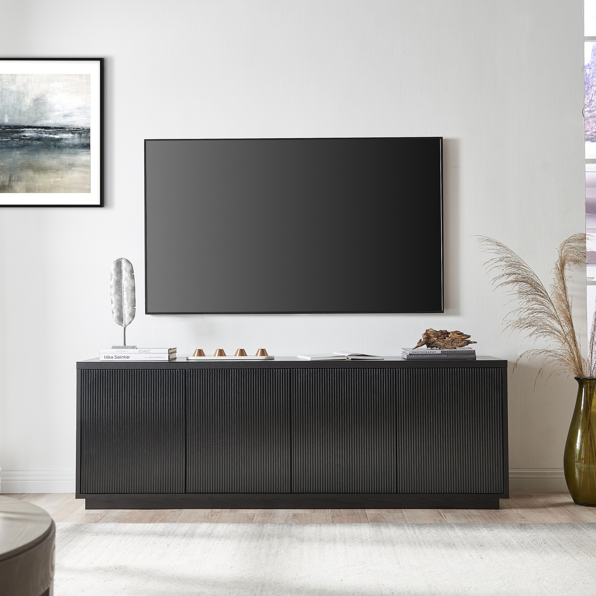 Evelyn&Zoe Hanson Rectangular TV Stand for TV's up to 75", Black Grain
