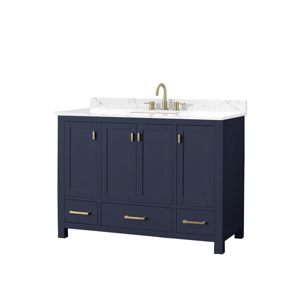 Navy Blue Solid Wood Single Sink Vanity with Stone Top