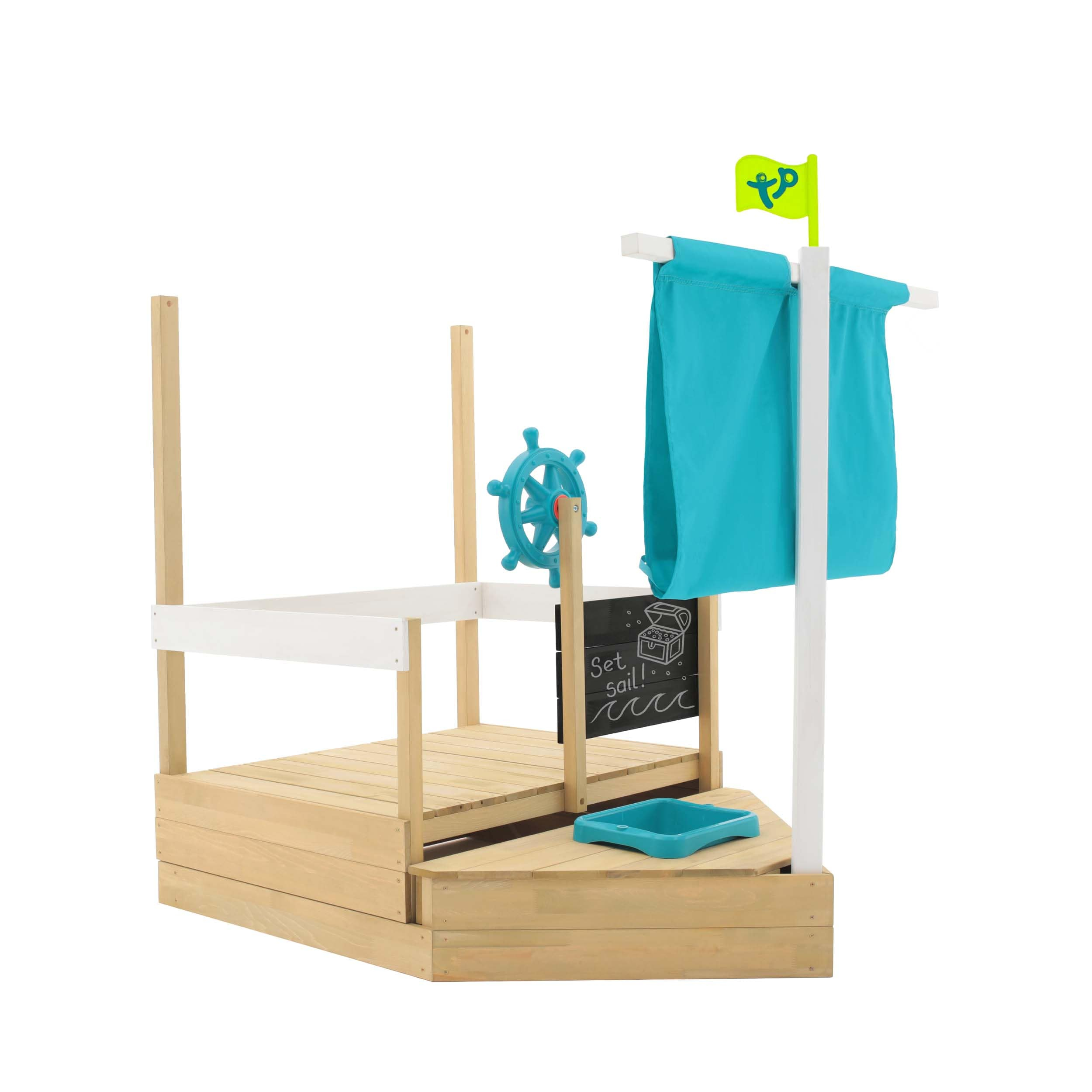 TP Ahoy Wooden Sandbox Pirate Ship Play Boat with Canopy – Kids Outdoor Sand & Water Toy with Captain’s Wheel, Blackboard, Splash Bowl & Storage | FSC Certified | Compact & Space-Saving Design