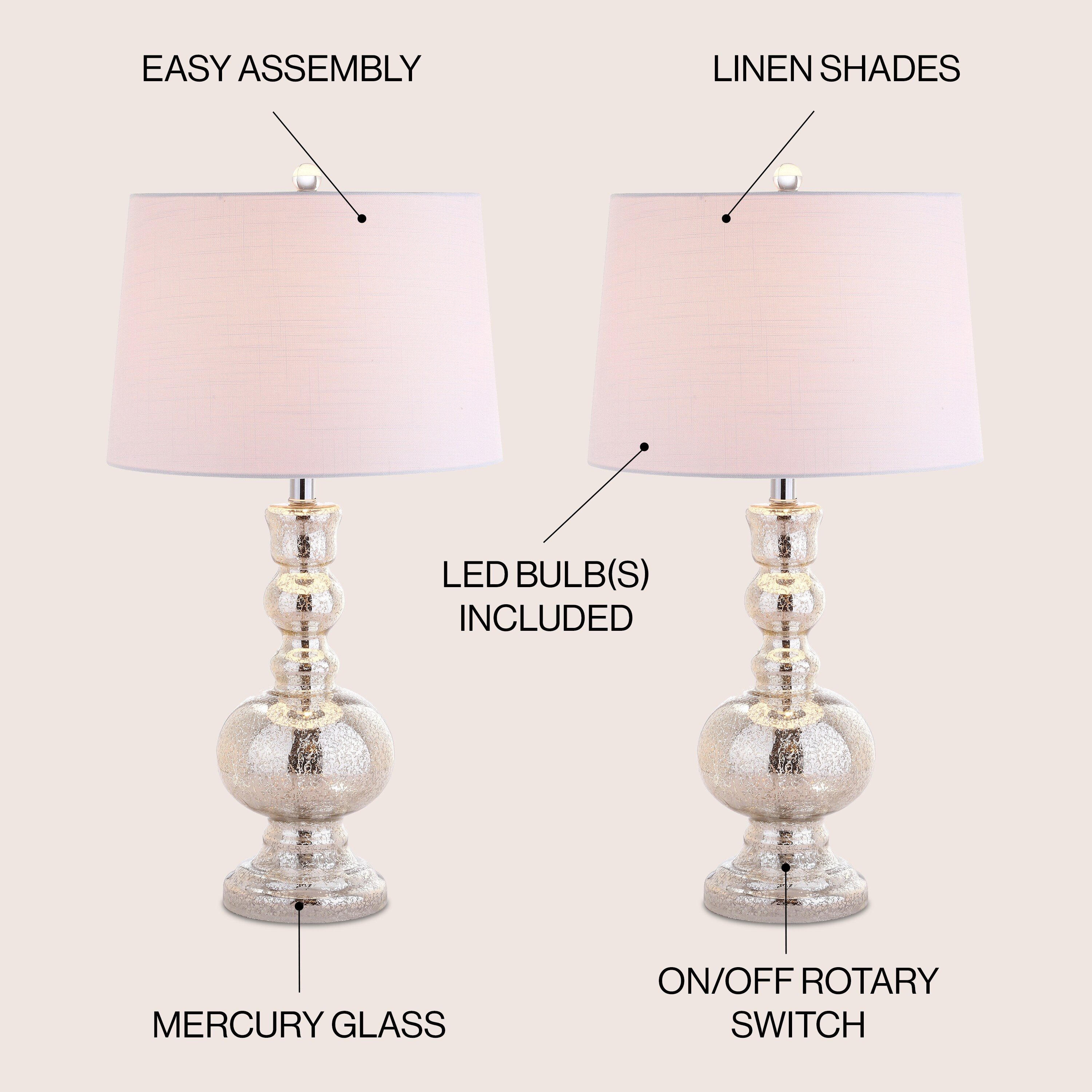 JONATHAN Y JYL1061D-SET2 Genie 28.5" Glass LED Table Lamp, Contemporary, Transitional for living room, dinning room, bedroom, office Bulb Included, Mercury Silver (Set of 2)