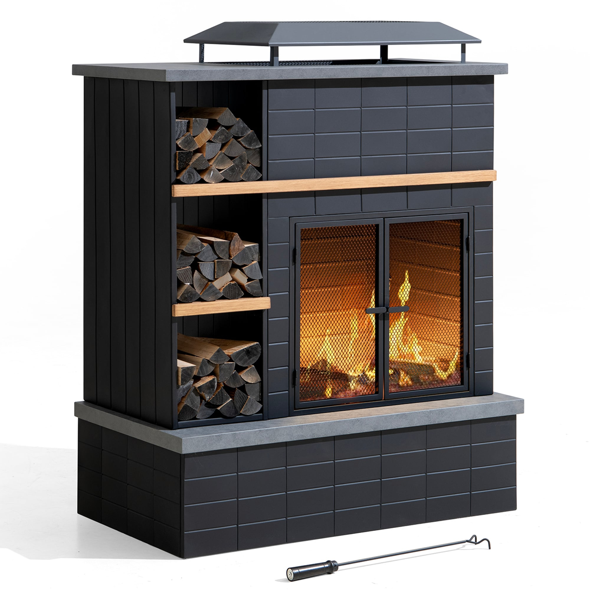 SUNJOY 42 in. Wood Burning Fireplace, Steel Outdoor Fireplace with Chimney, Log Holders, Fire Poker and PVC Cover