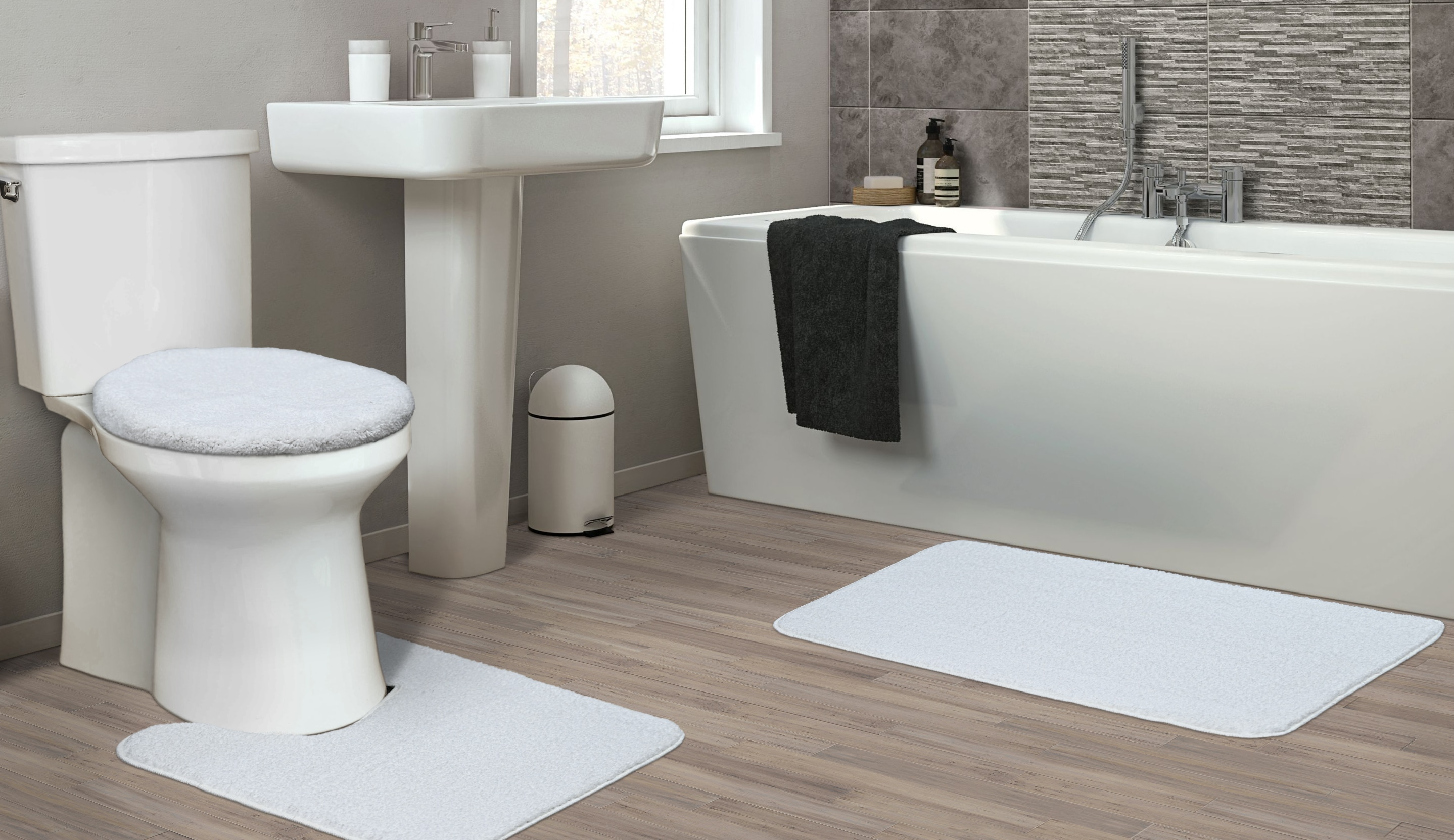 Garland Rug Gramercy Washable Bath Rug Set, 3 Piece (20"x34", Contour Rug, & Toilet Lid) White