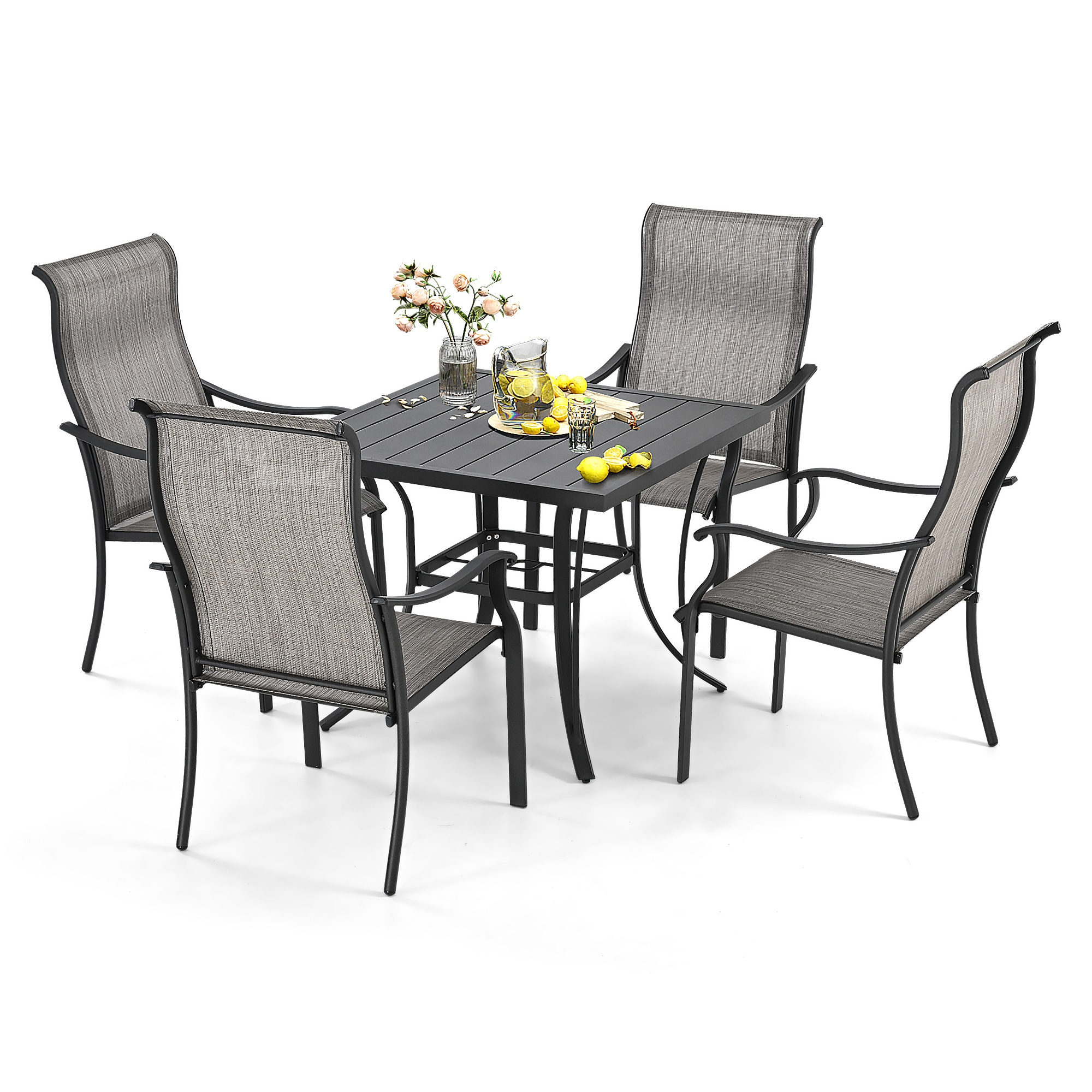 5 -Piece Gray Patio Dining Set Iron Square Table with 4 Gray Stationary Chairs