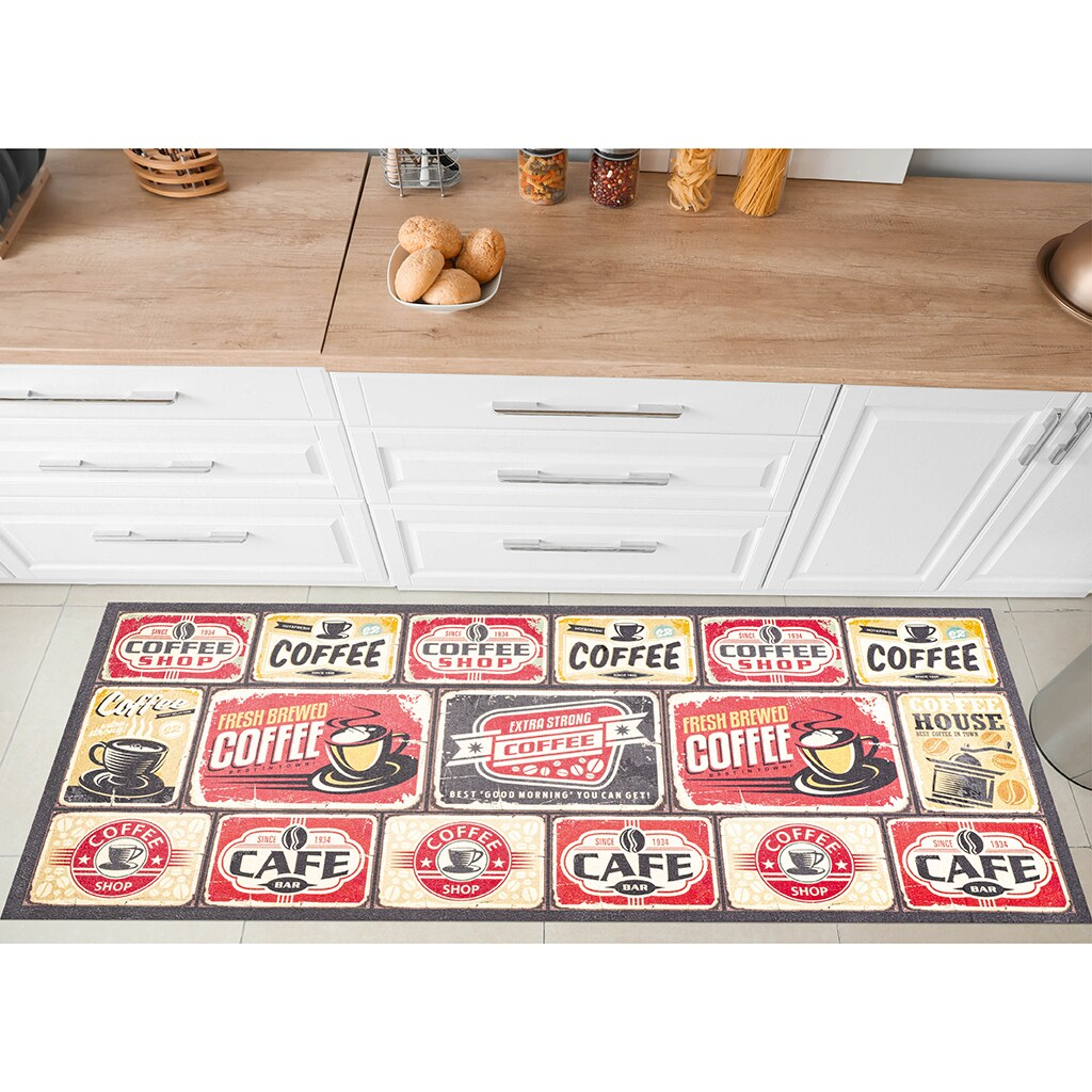 Trinx Castlehaven Coffee Label Tiles Kitchen Mat