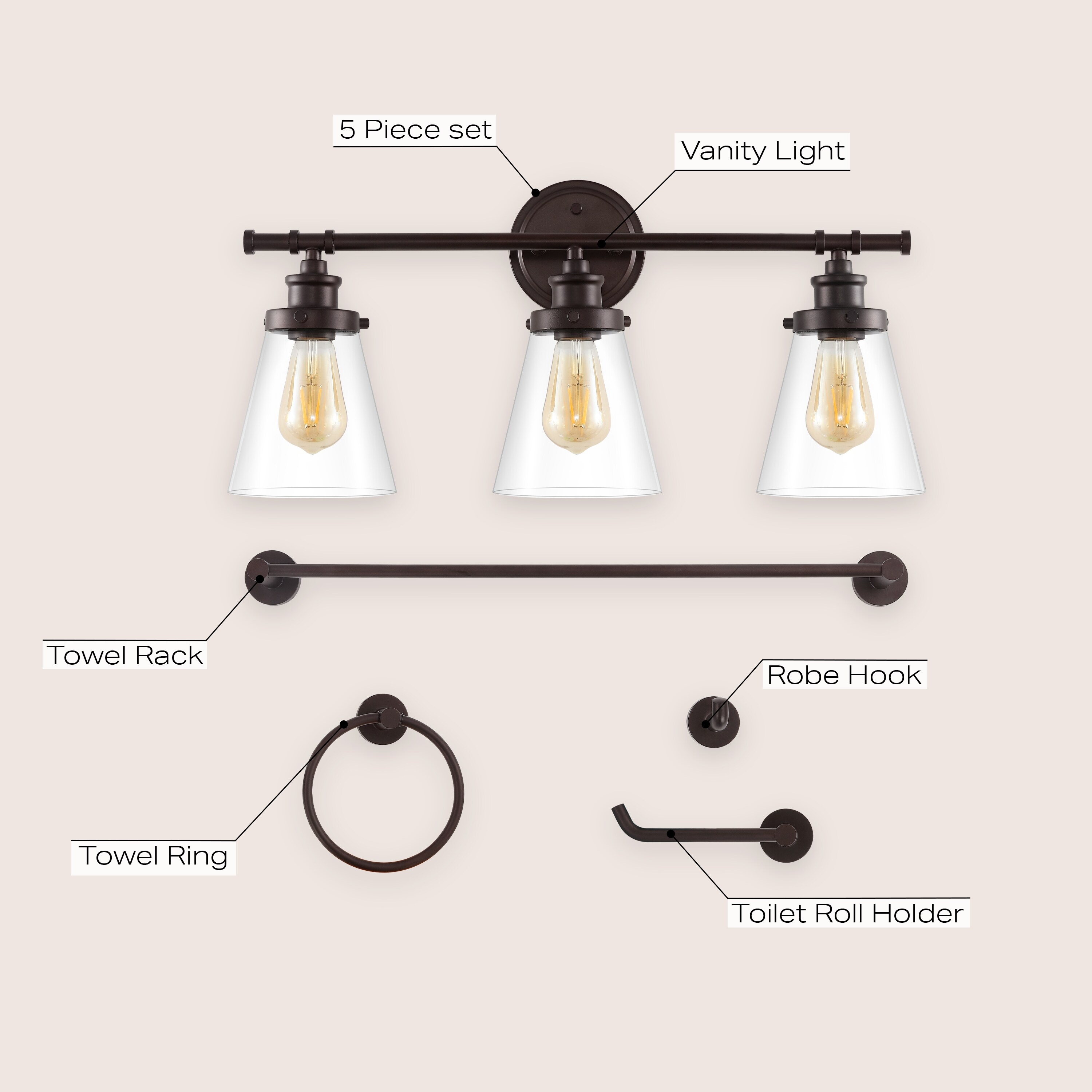 Hollis 23.75" 3-Light Traditional Farmhouse Vanity Light with Bathroom Hardware Accessory Set, Oil Rubbed Bronze (5-Piece)