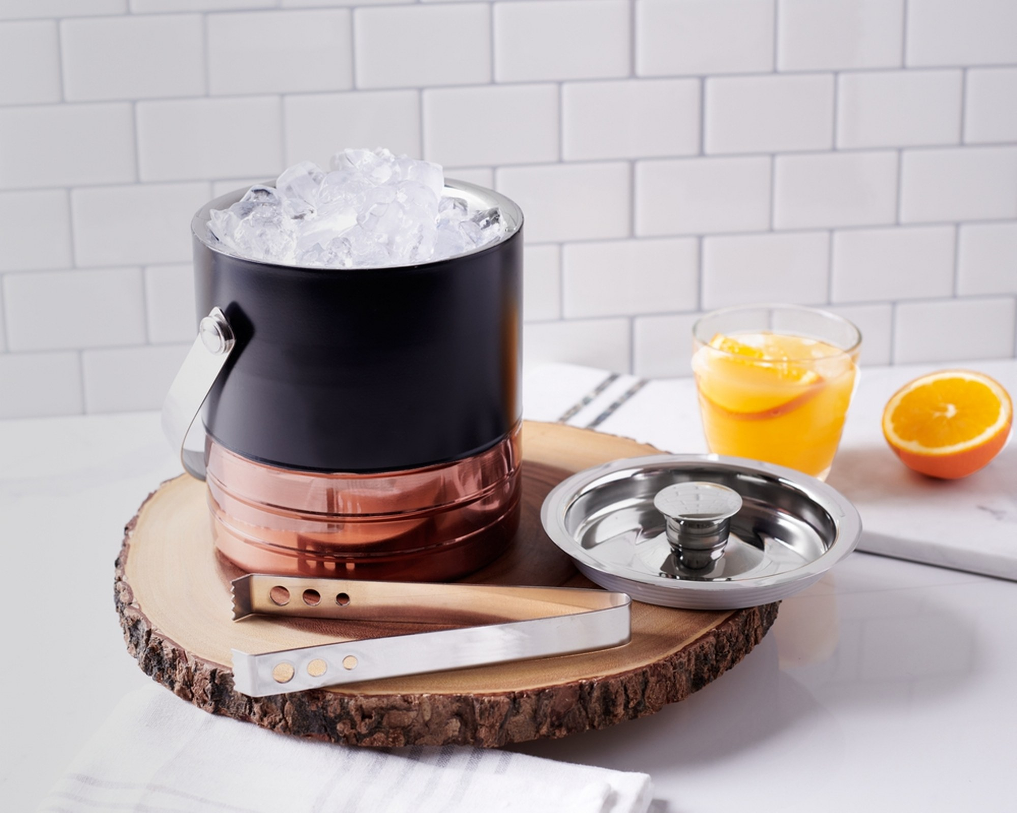 Sol Living  Ice Bucket Double Wall Stainless Steel with Lid and Tongs Copper and Black