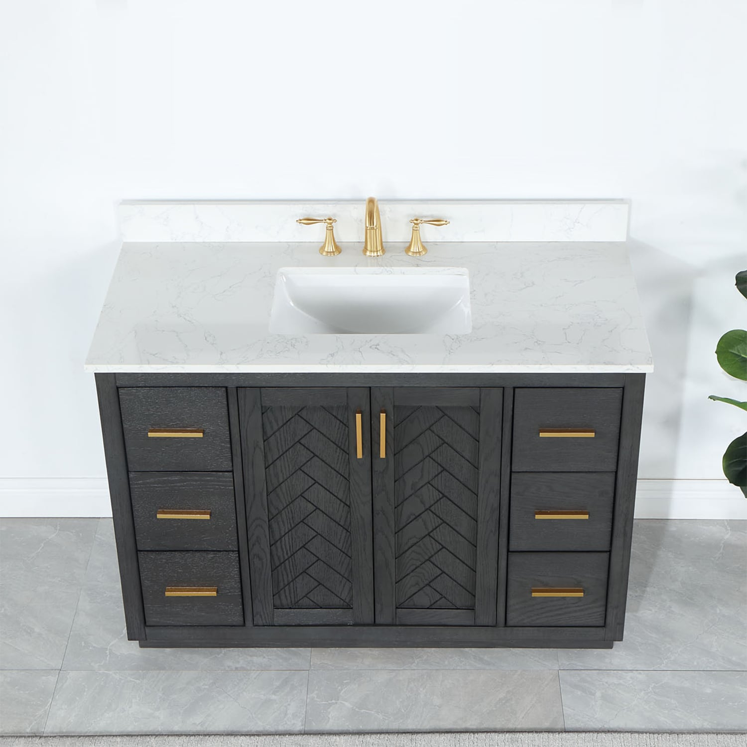 Gazsi 48" Single Bathroom Vanity Set in Brown Oak with Grain White Composite Stone Countertop without Mirror