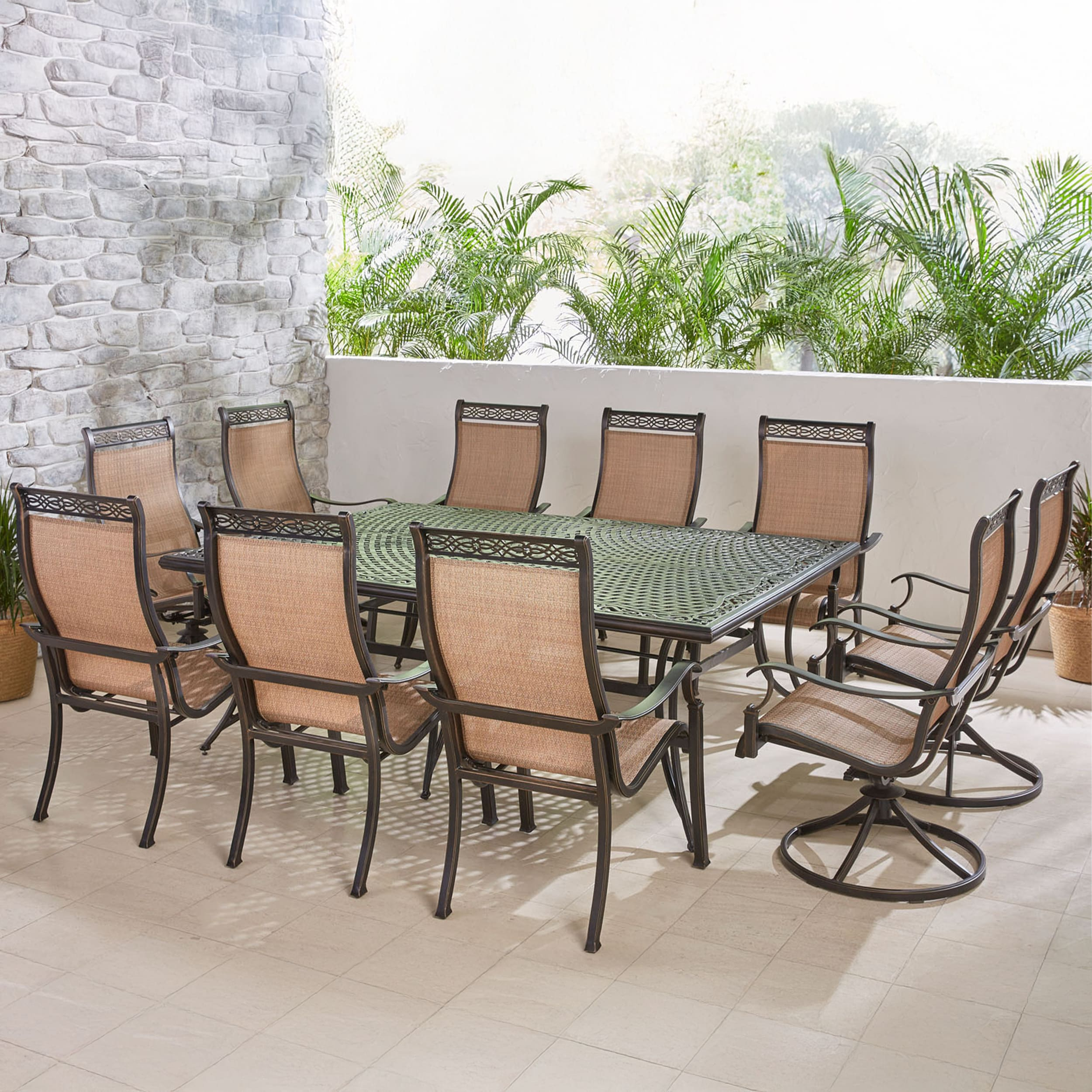 Hanover Manor 11-Piece Outdoor Dining Set in Cedar with 4 Contoured Swivel Rockers, 6 Contoured Chairs, and 60" x 84" Cast-Top Table
