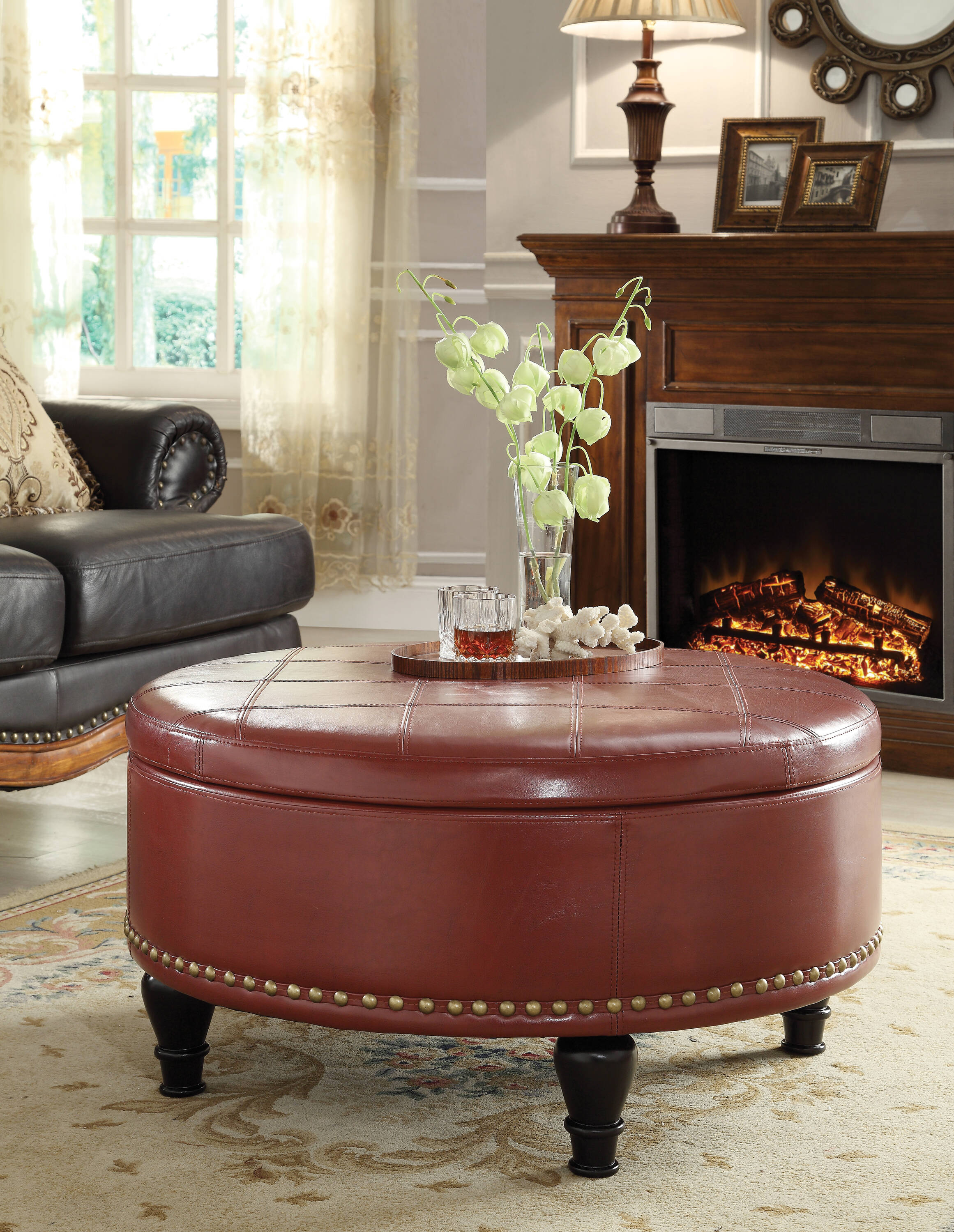 OSP Home Furnishings Augusta Round Storage Ottoman in Crimson Red Bonded Leather with Decorative Nailheads