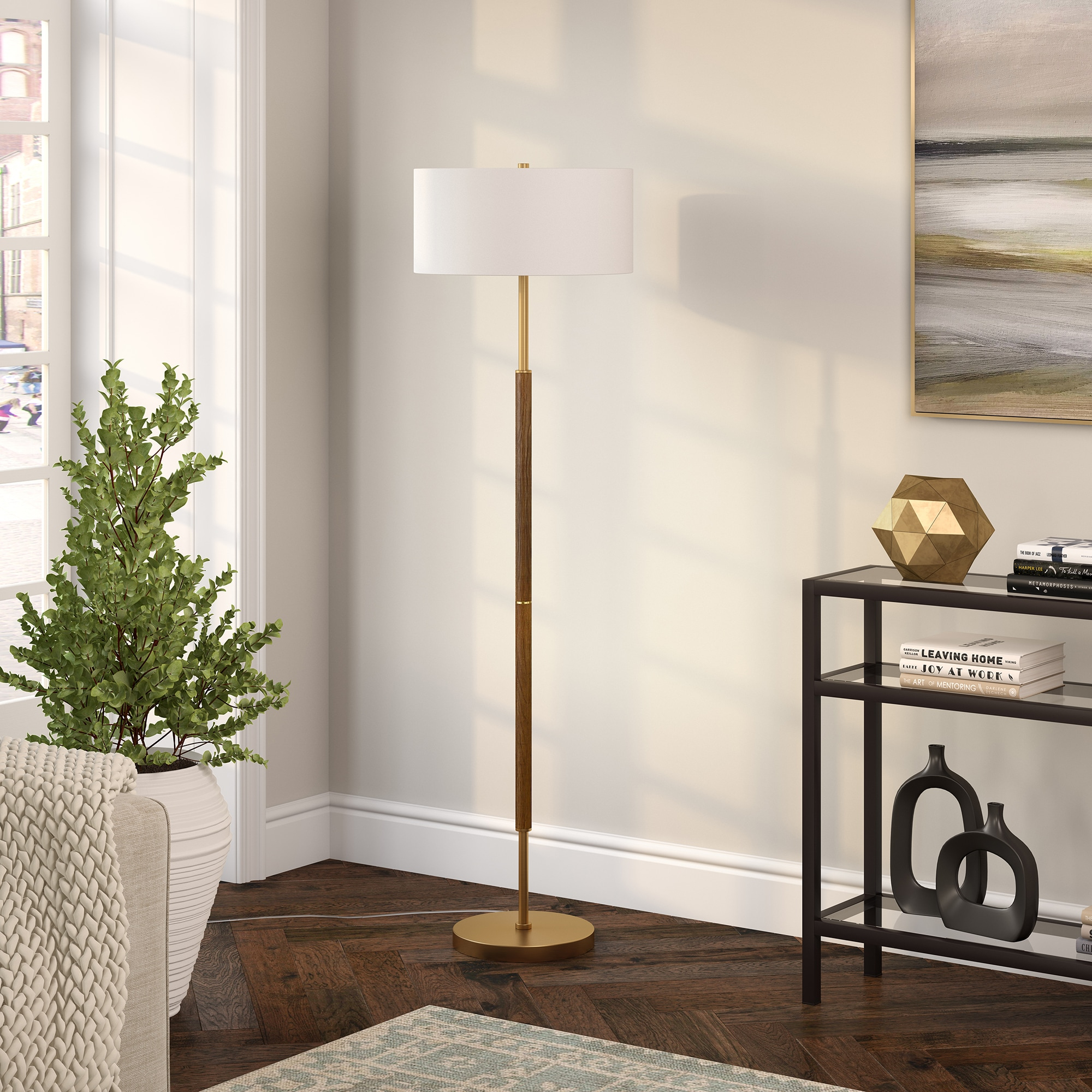 Evelyn&Zoe Contemporary Rustic Oak and Brass 2-Bulb Floor Lamp