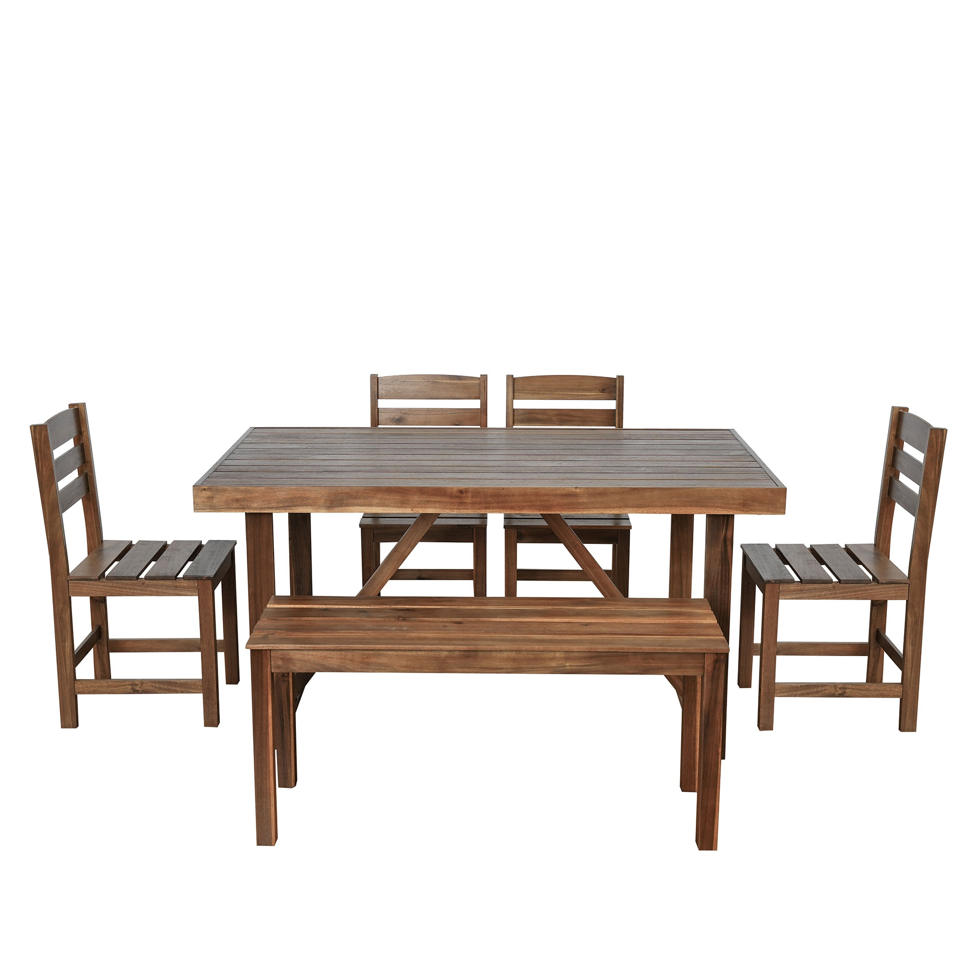 Churanty Patio Outdoor Acacia Wood Dining Set for 6,6 Pieces All Weather Farmhouse Dining Furniture Table Set with Bench and 4 Chair for Outdoor Garden Porch,Brown
